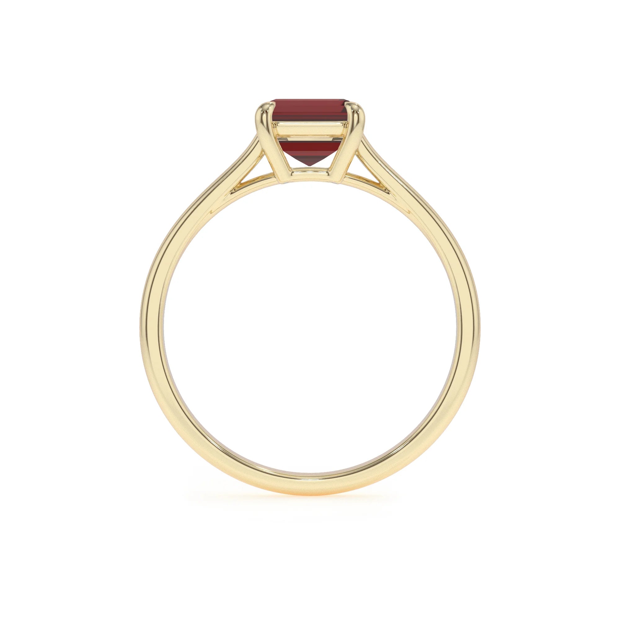 natural garnet emerald cut solitaire rings in yellow gold 