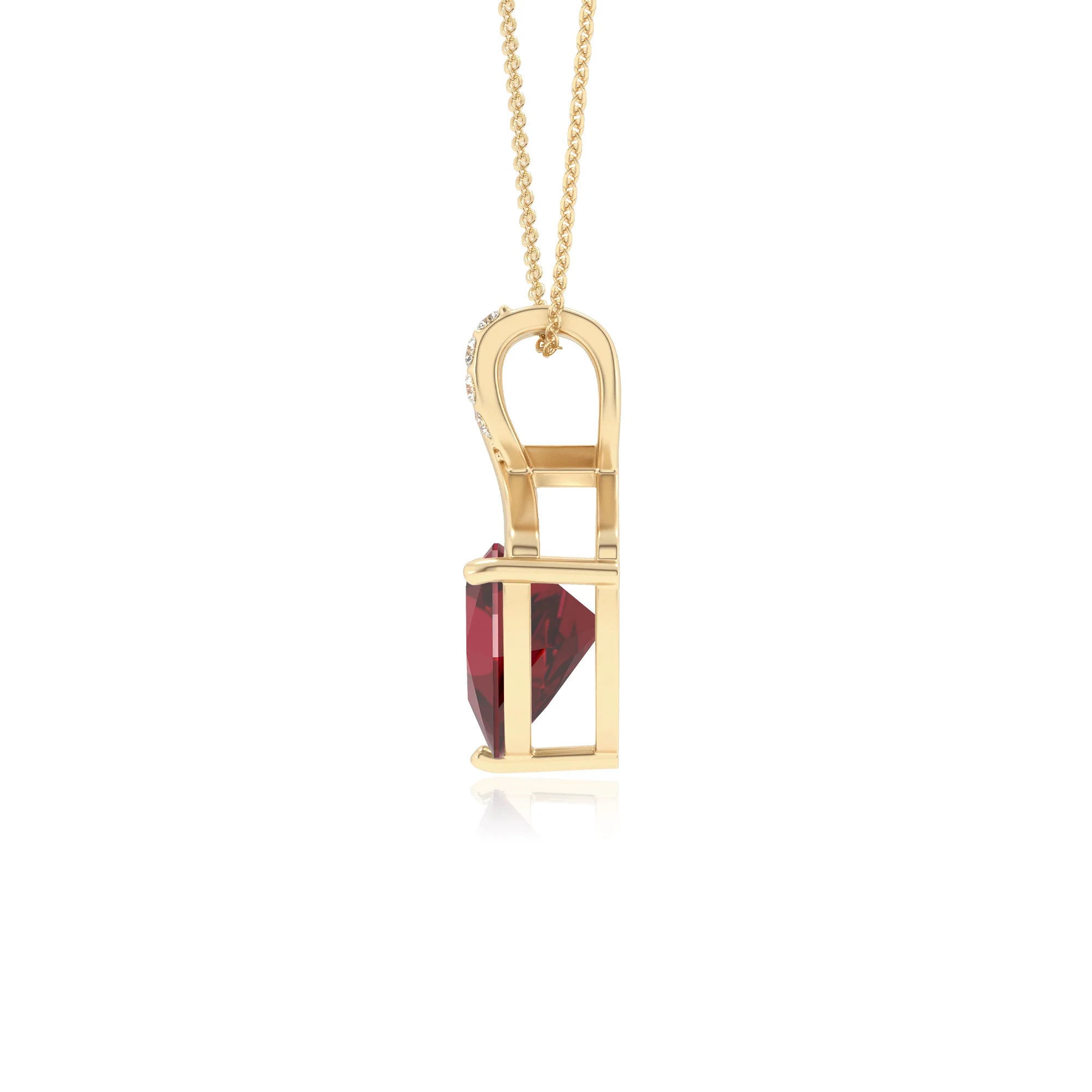 lab grown ruby trillion solitaire necklaces in yellow gold 