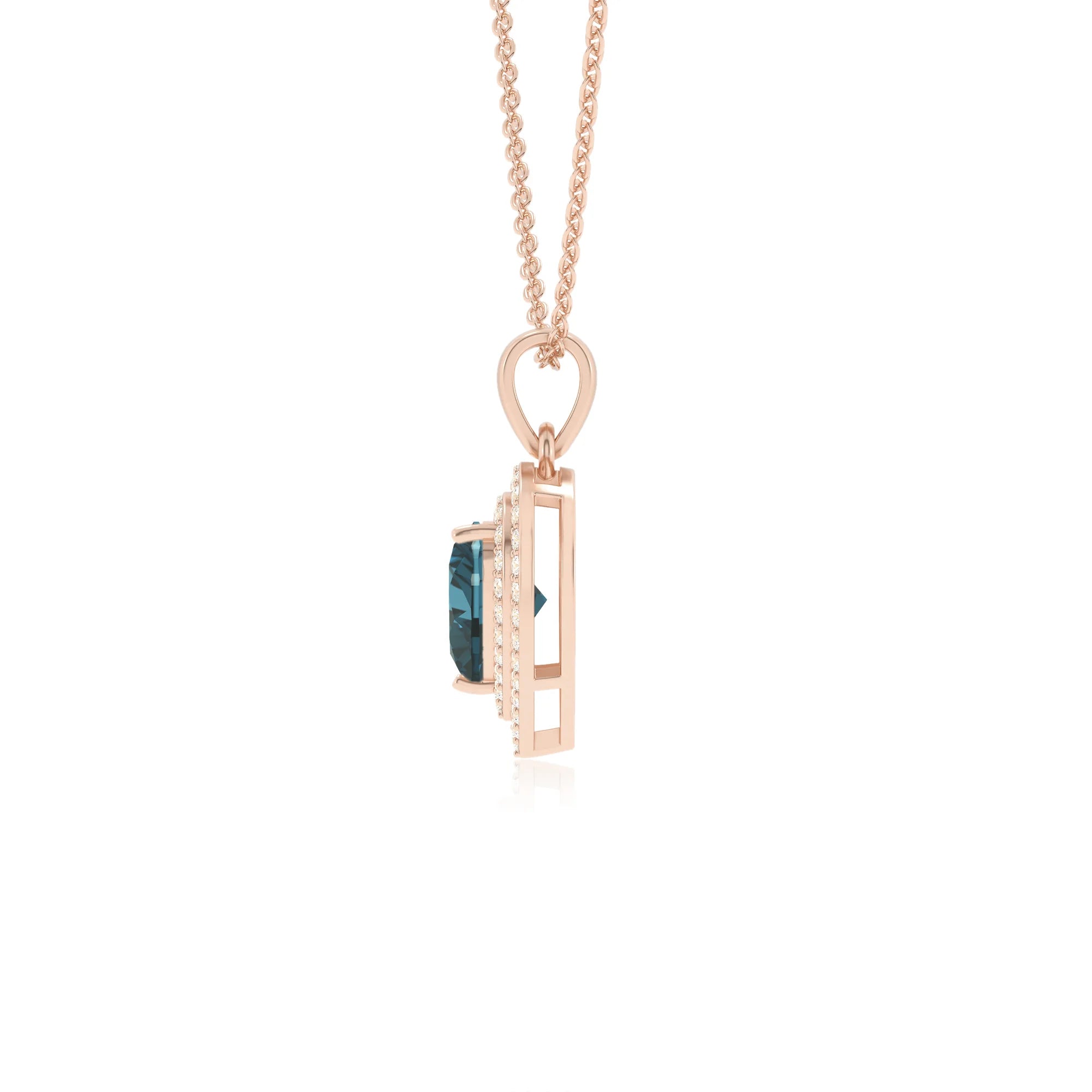 natural london blue topaz heart halo necklaces in rose gold 