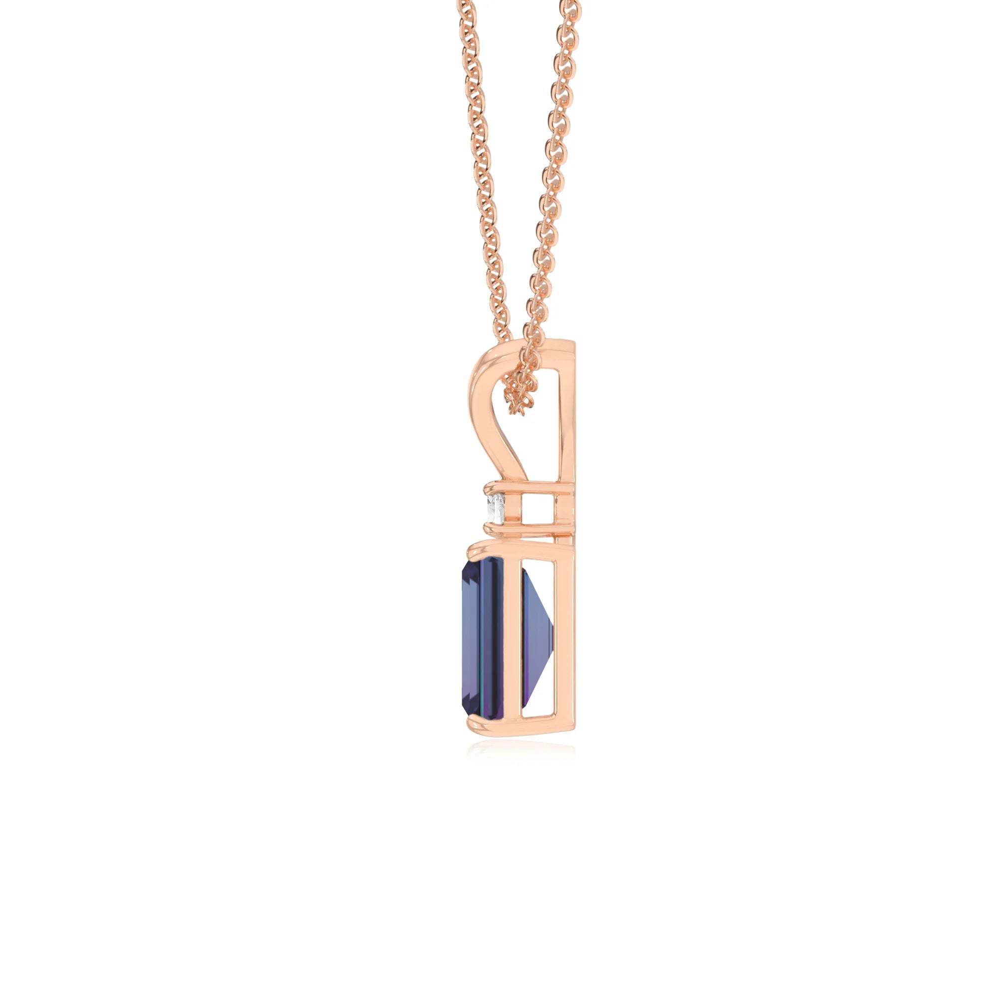 lab grown alexandrite emerald cut solitaire v-bale necklaces in rose gold 