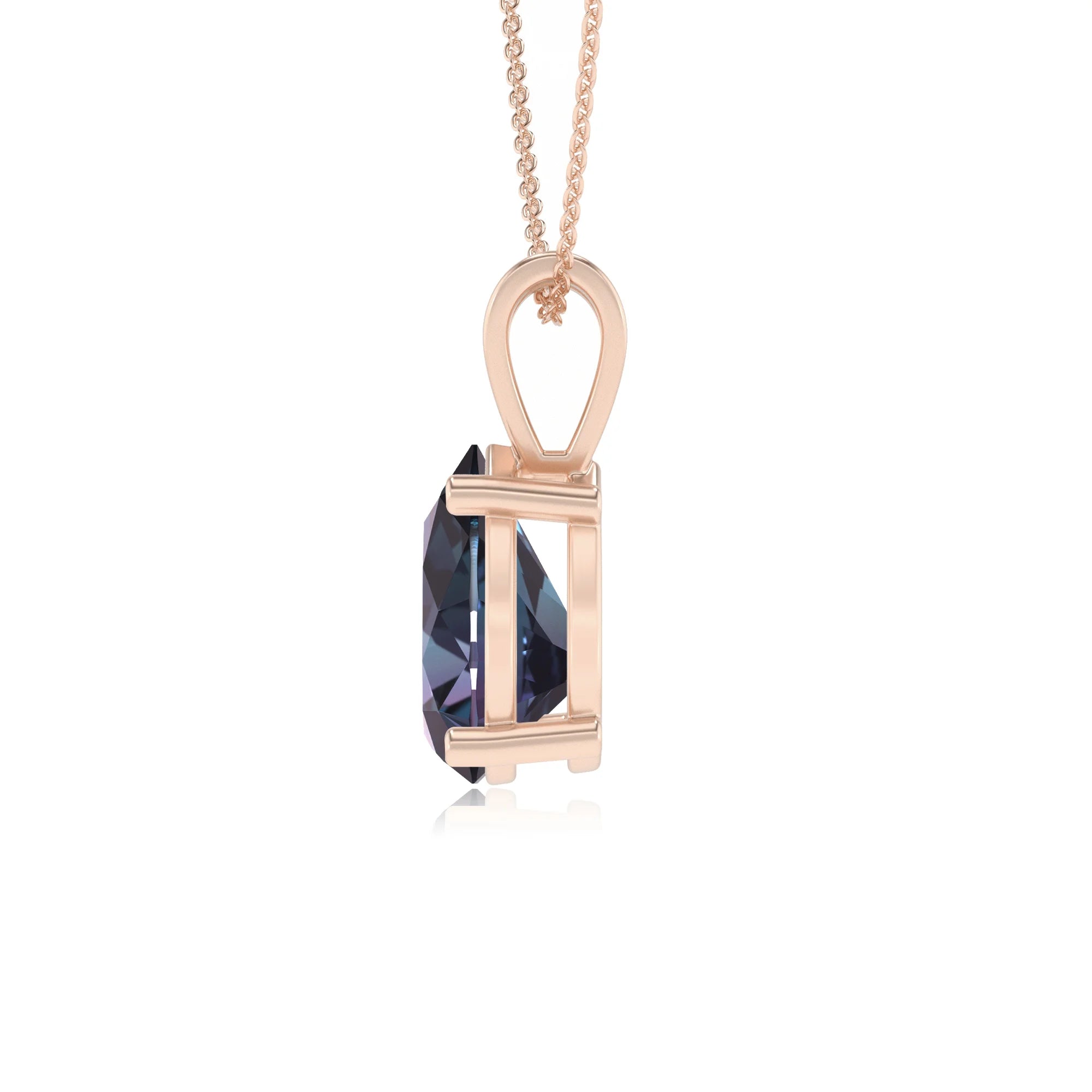 lab grown alexandrite pear solitaire v-bale necklaces in rose gold 