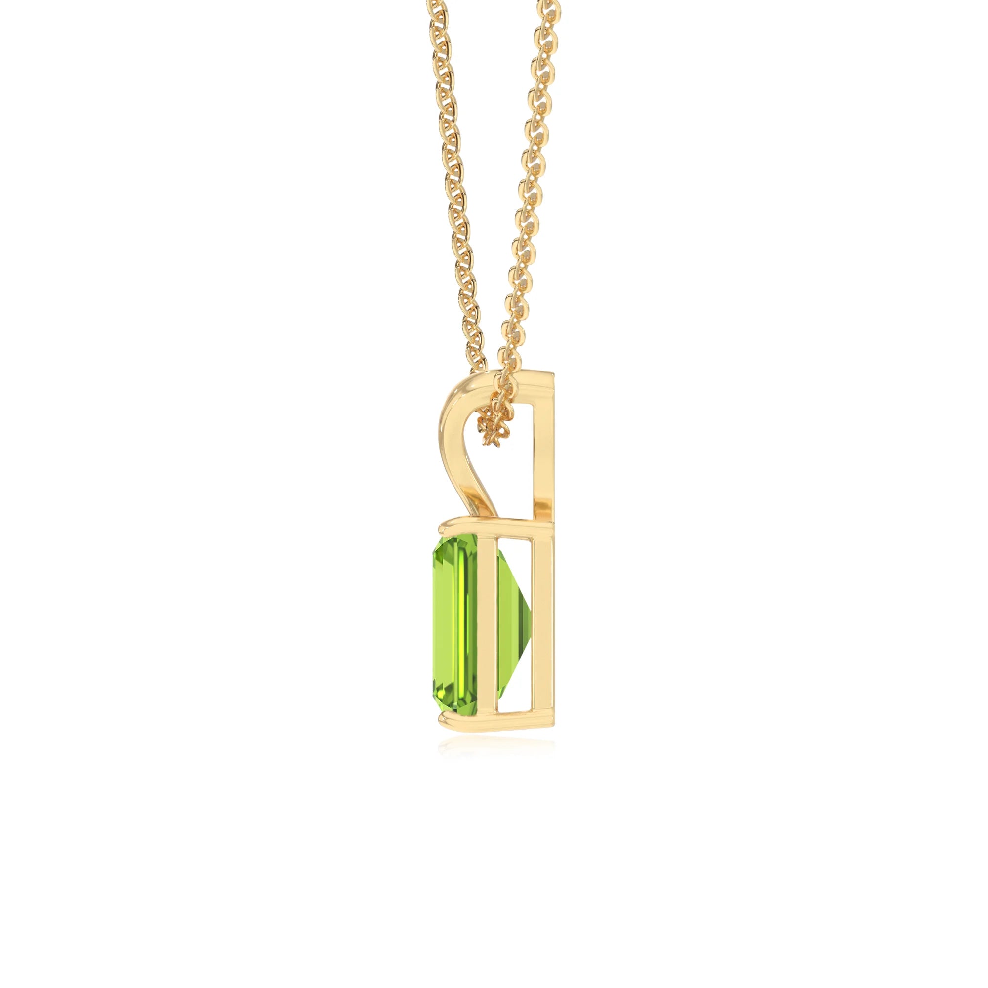 natural peridot emerald cut solitaire v-bale necklaces in yellow gold 