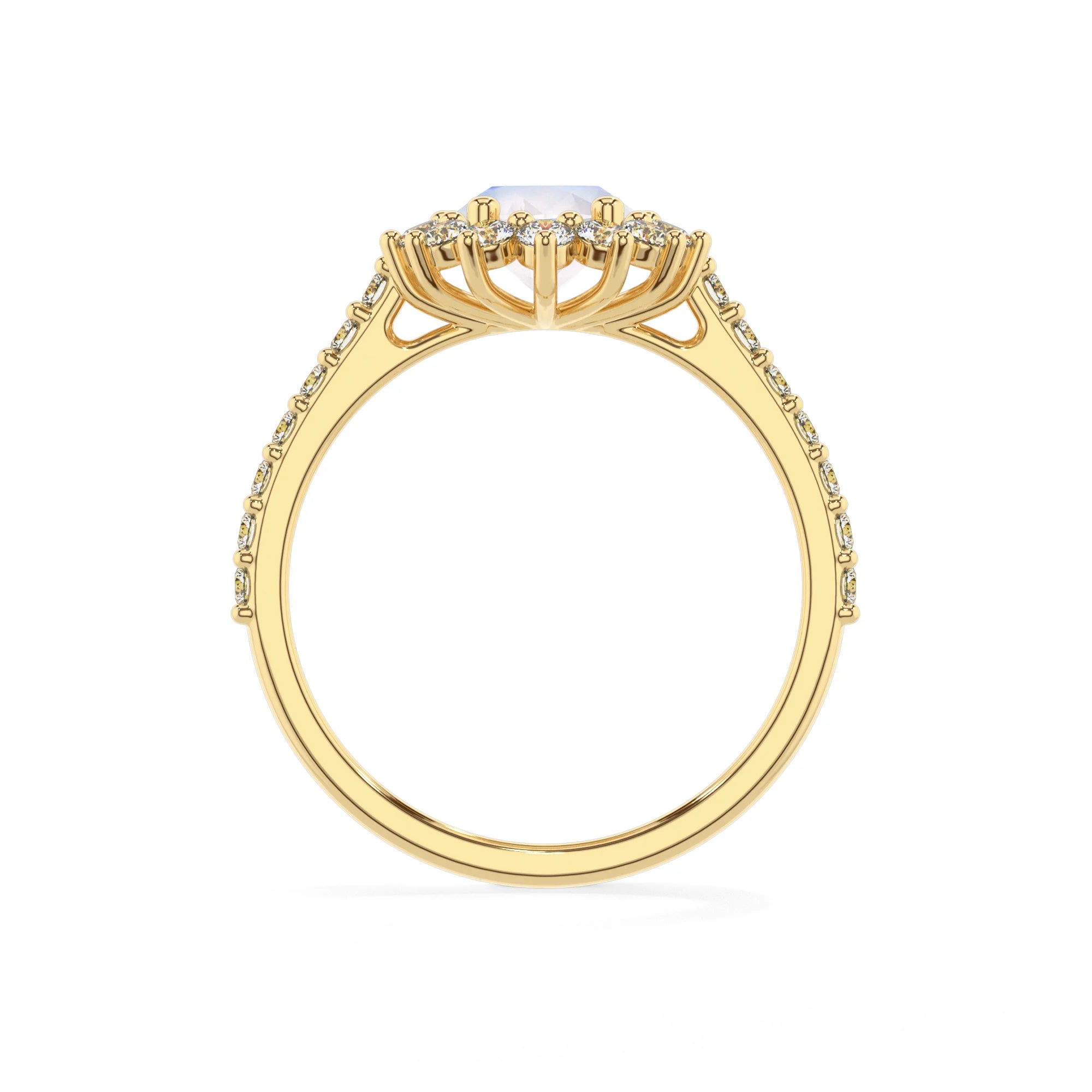 natural rainbow-moonstone oval solitaire rings in yellow gold 