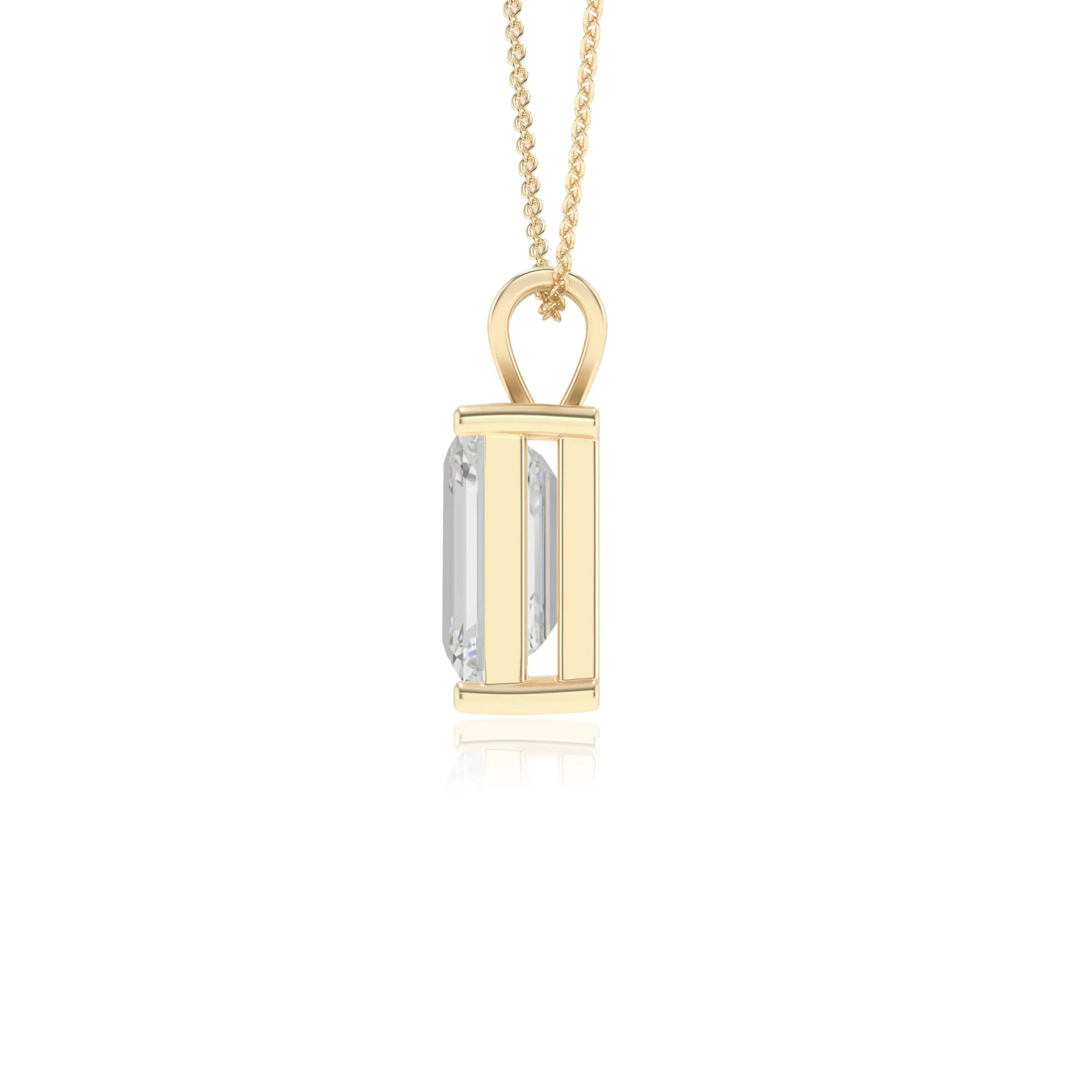 lab grown moissanite emerald cut solitaire v-bale necklaces in yellow gold 