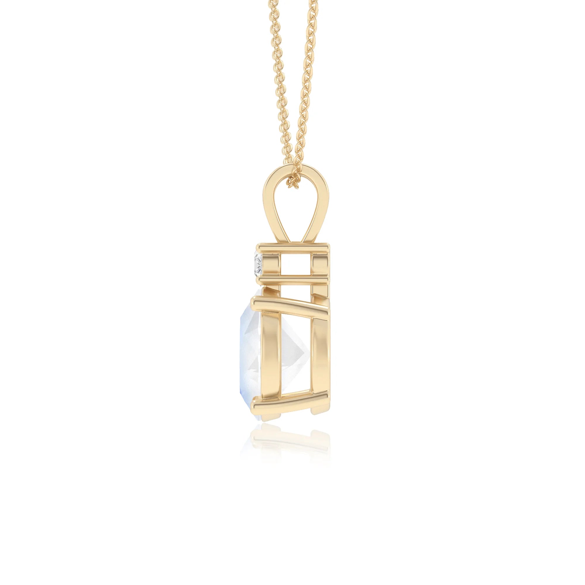 natural rainbow-moonstone round solitaire v-bale necklaces in yellow gold 