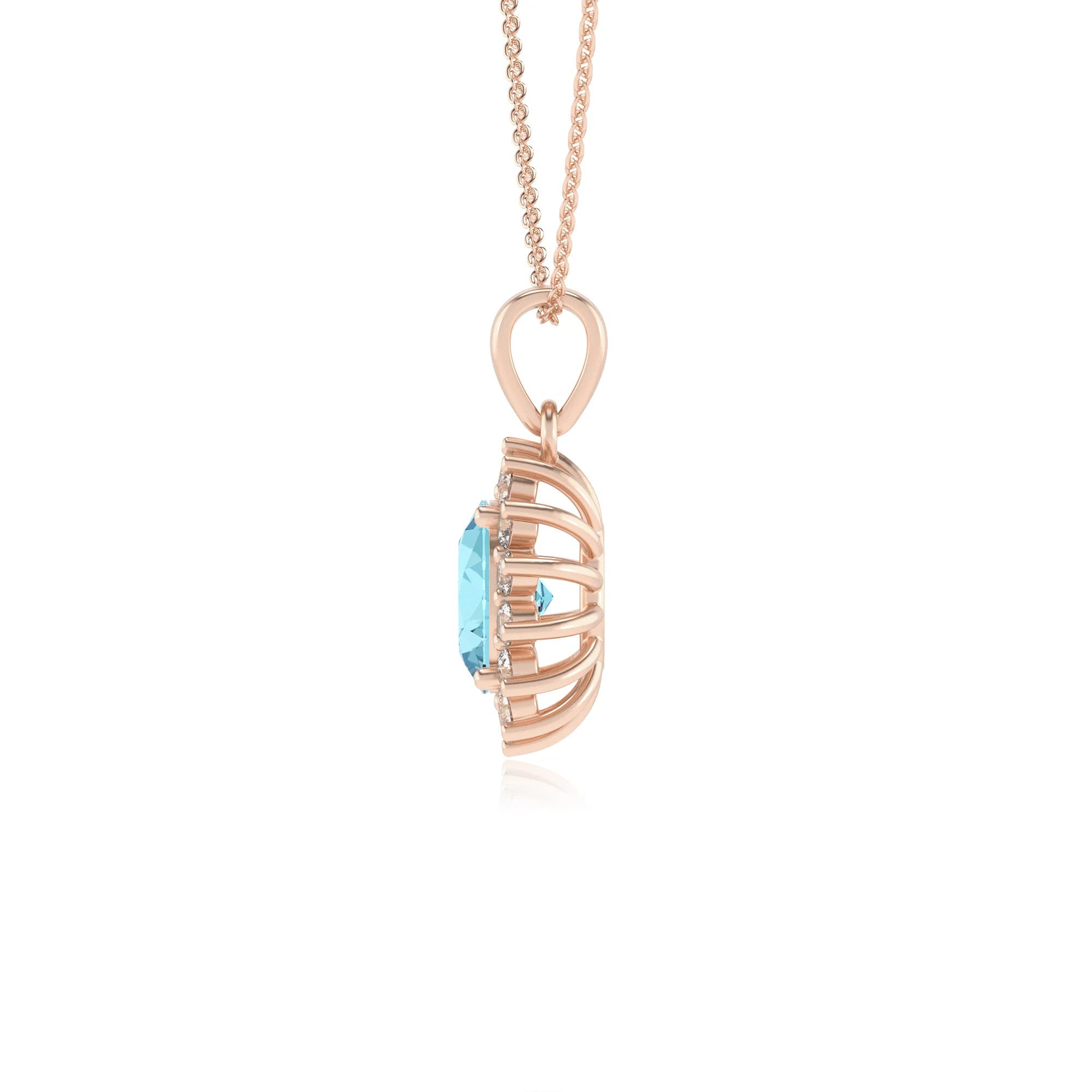lab grown aquamarine oval halo necklaces in rose gold 