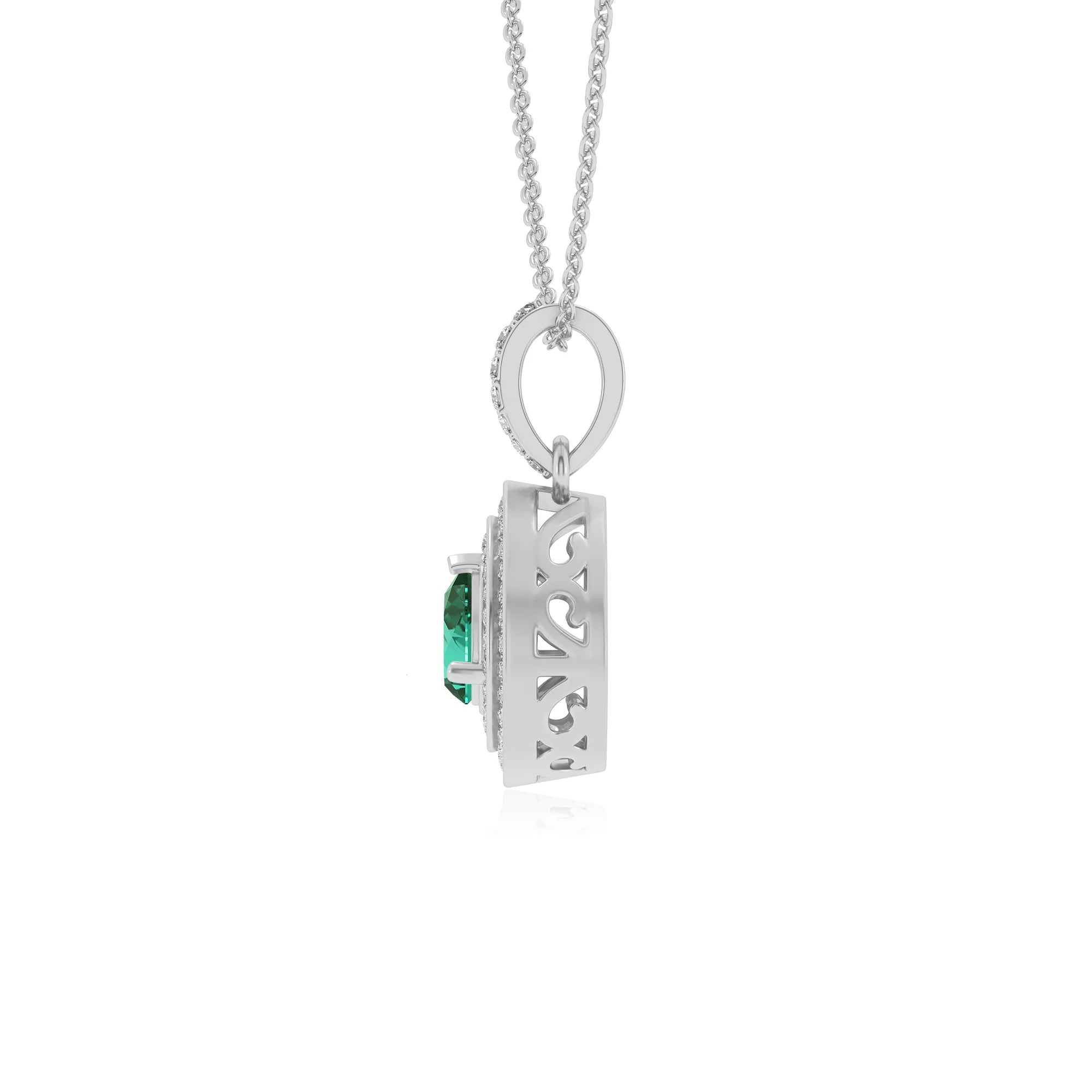 lab grown emerald pear halo necklaces in white gold 