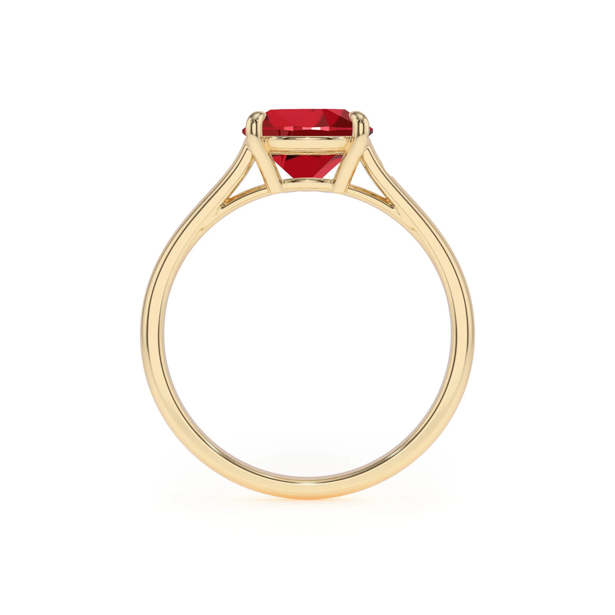 lab grown ruby cushion solitaire rings in yellow gold 