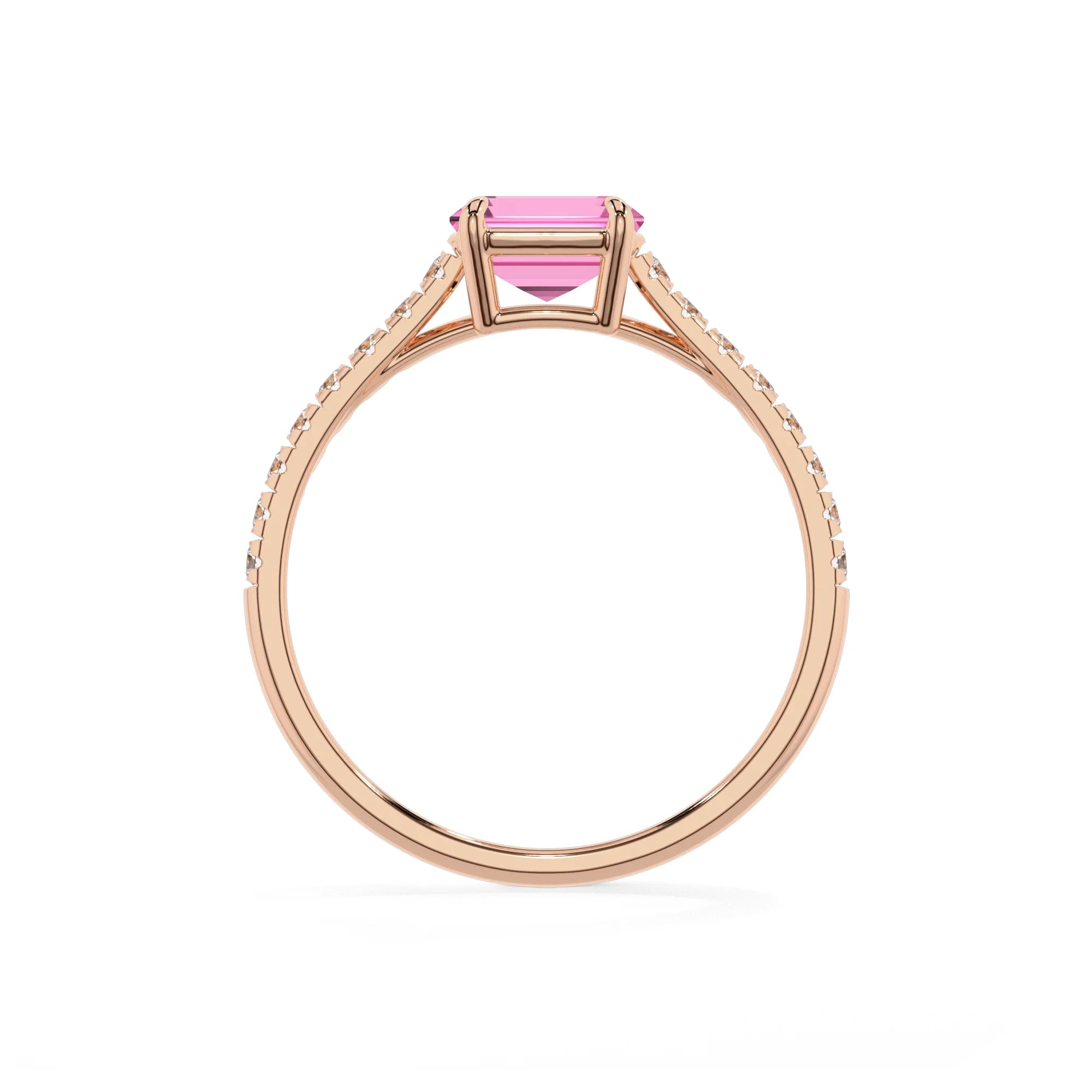lab grown pink-sapphire emerald cut half eternity solitaire engagement rings in rose gold 