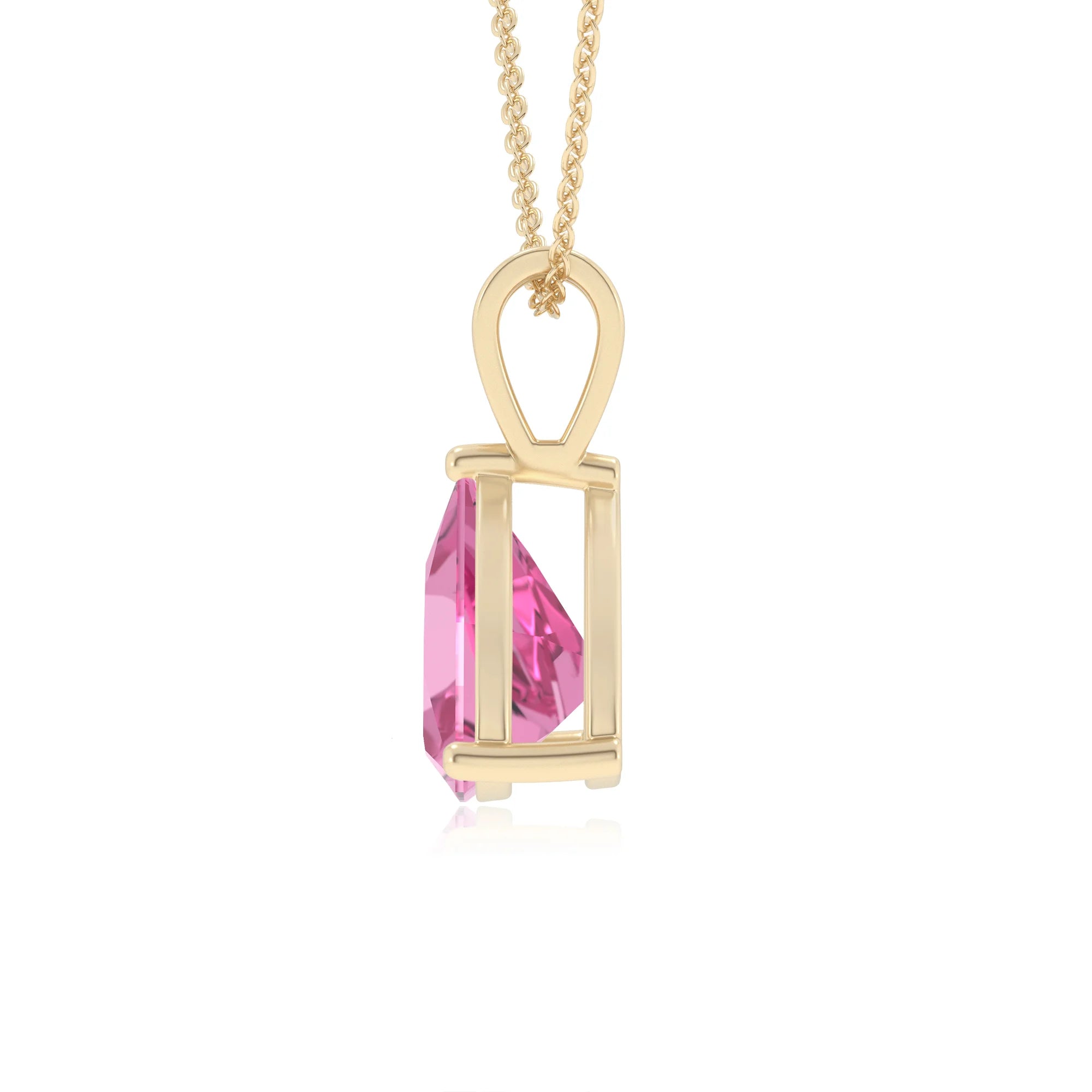 lab grown pink-sapphire trillion solitaire v-bale necklaces in yellow gold 