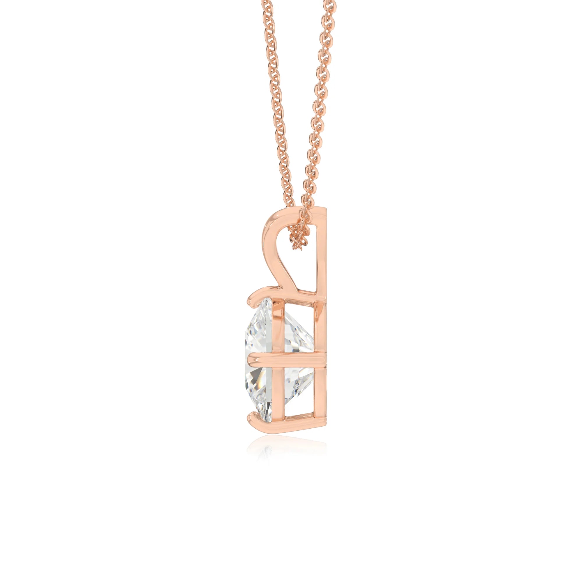 lab grown moissanite cushion solitaire v-bale necklaces in rose gold 