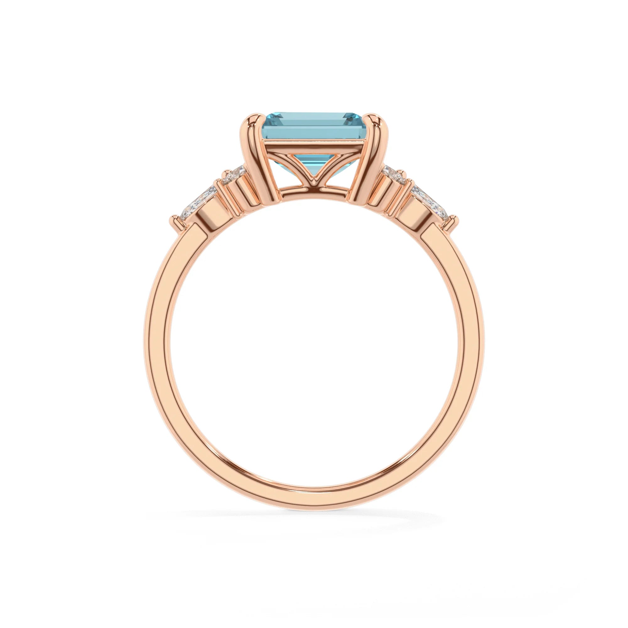 lab grown aquamarine emerald cut solitaire rings in rose gold 