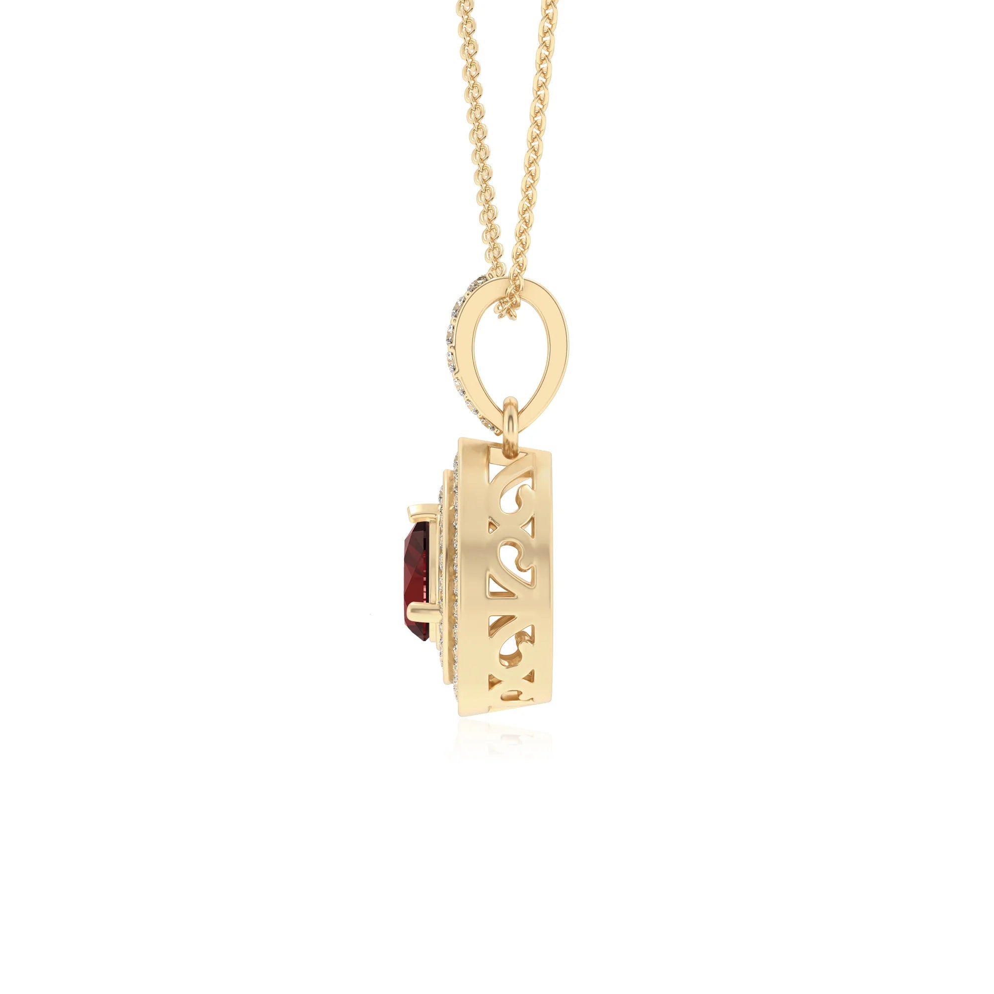 natural garnet pear halo necklaces in yellow gold 