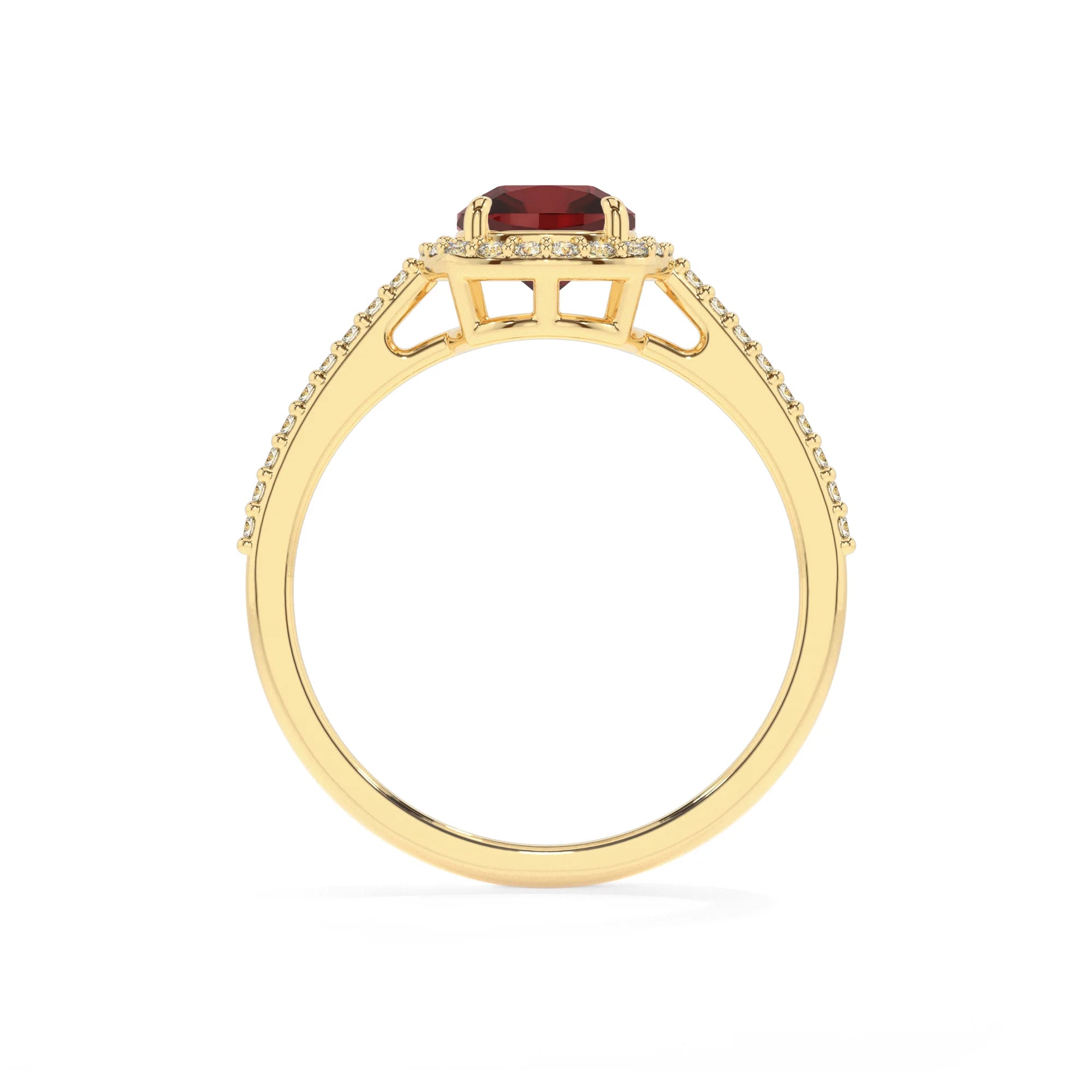natural garnet cushion solitaire rings in yellow gold 