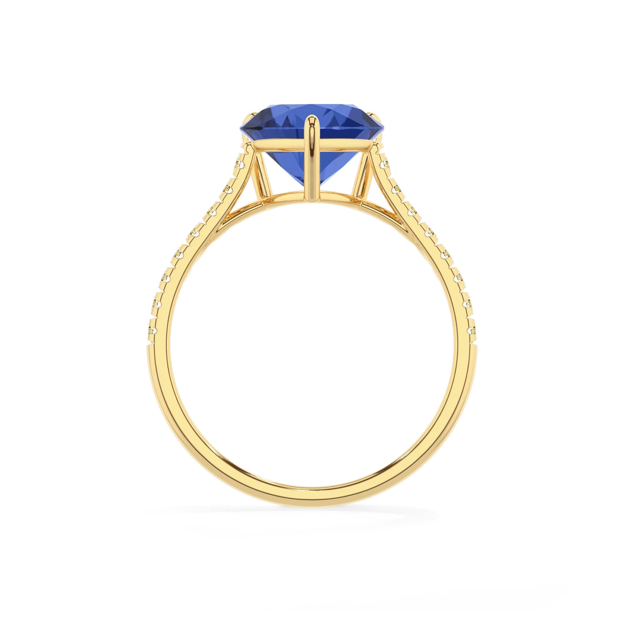 lab grown blue-sapphire heart half eternity solitaire engagement rings in yellow gold 