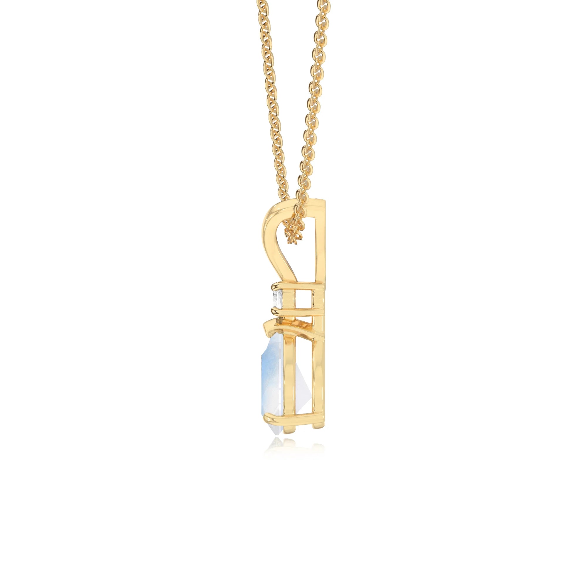 natural rainbow-moonstone pear solitaire v-bale necklaces in yellow gold 