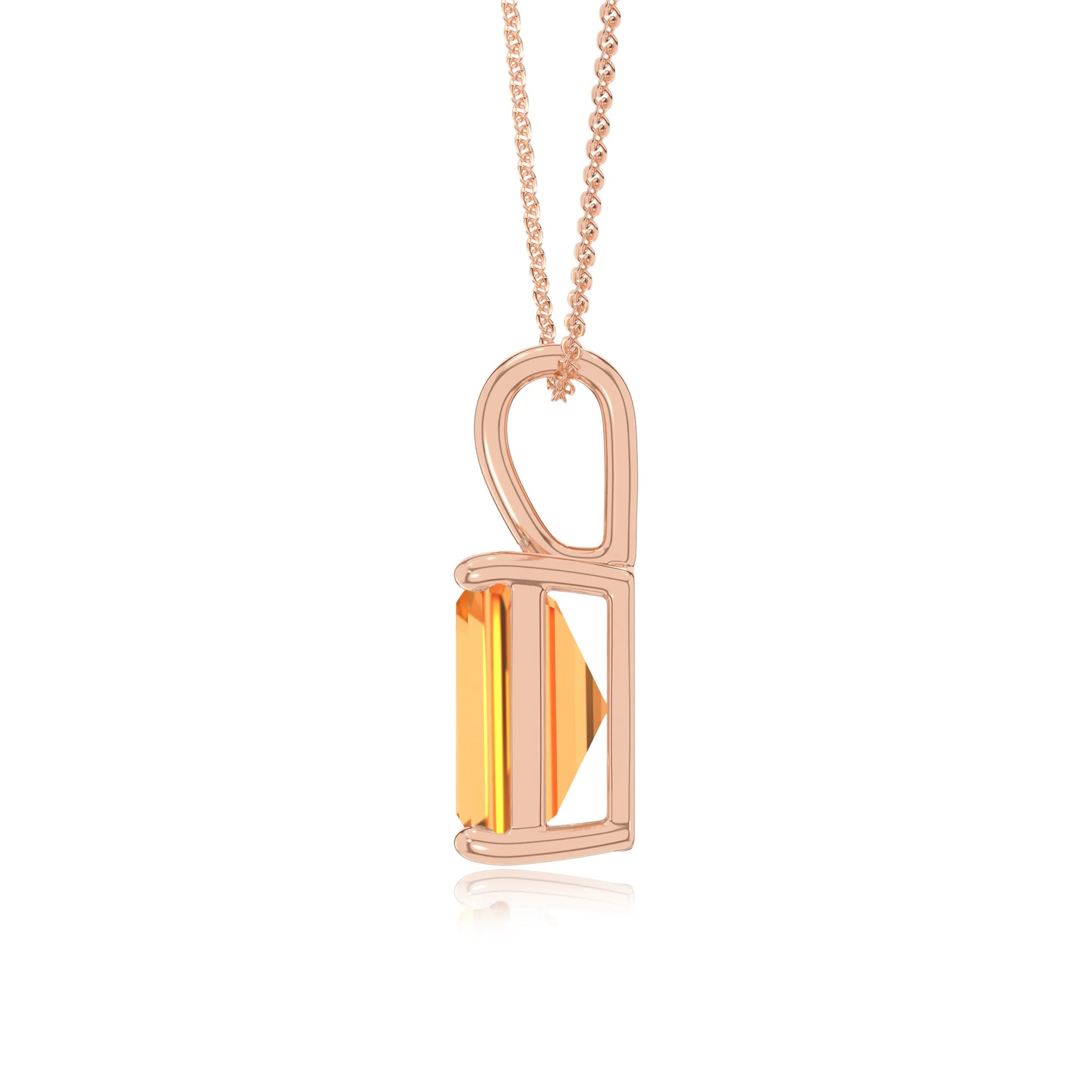 lab grown citrine emerald cut solitaire necklaces in rose gold 