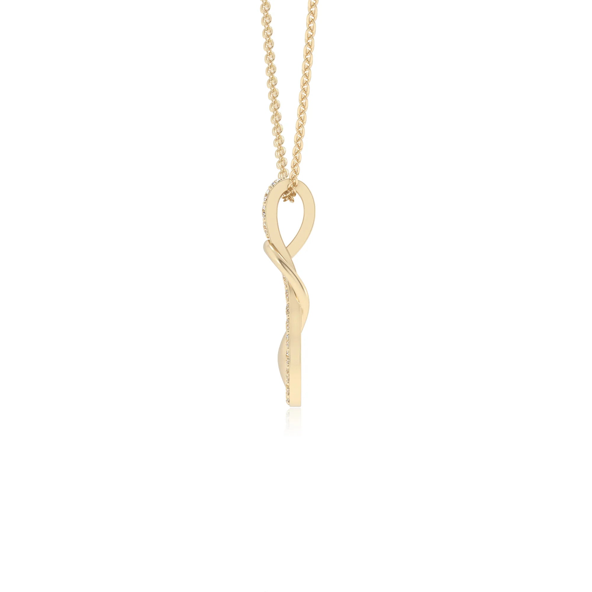 lab grown moissanite round infinity  v-bale necklaces in yellow gold 