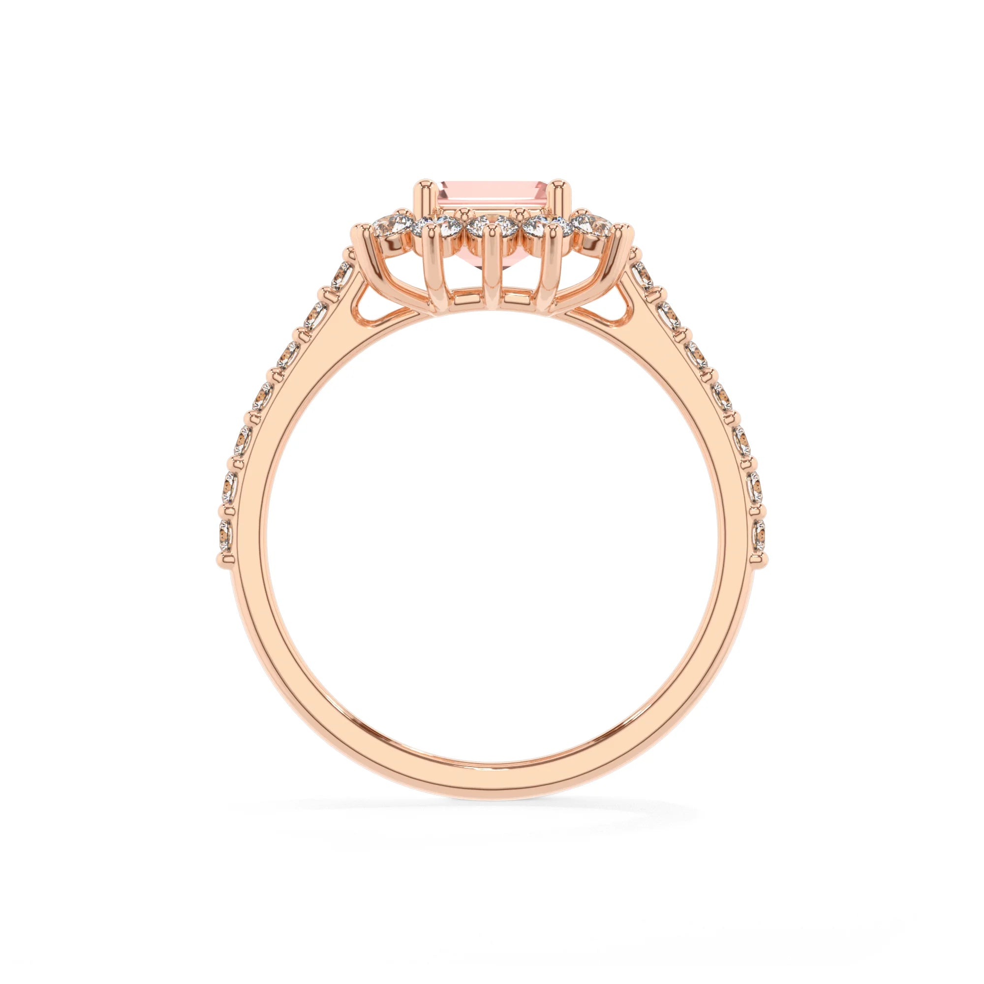 lab grown morganite emerald cut solitaire rings in rose gold 