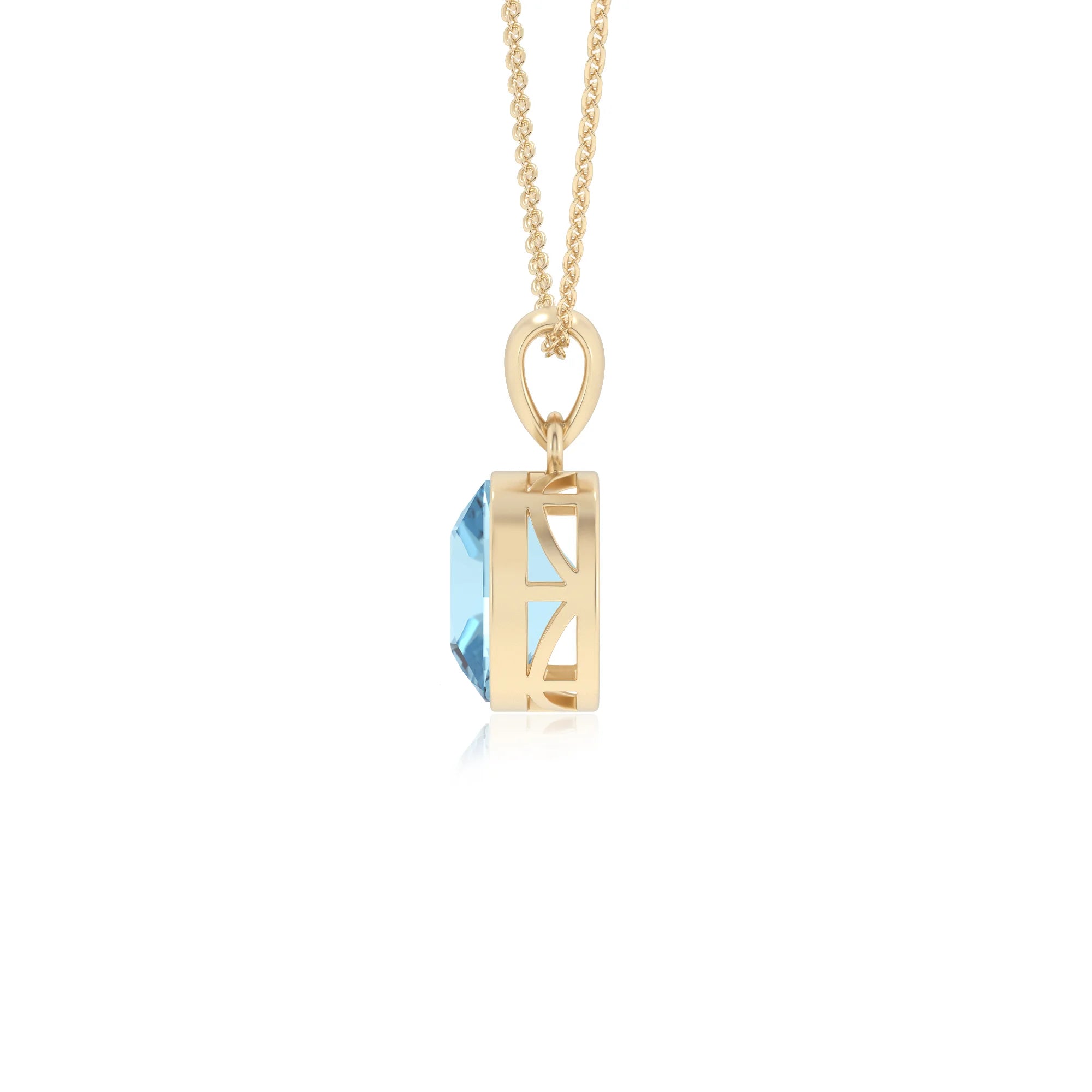 lab grown aquamarine cushion solitaire necklaces in yellow gold 