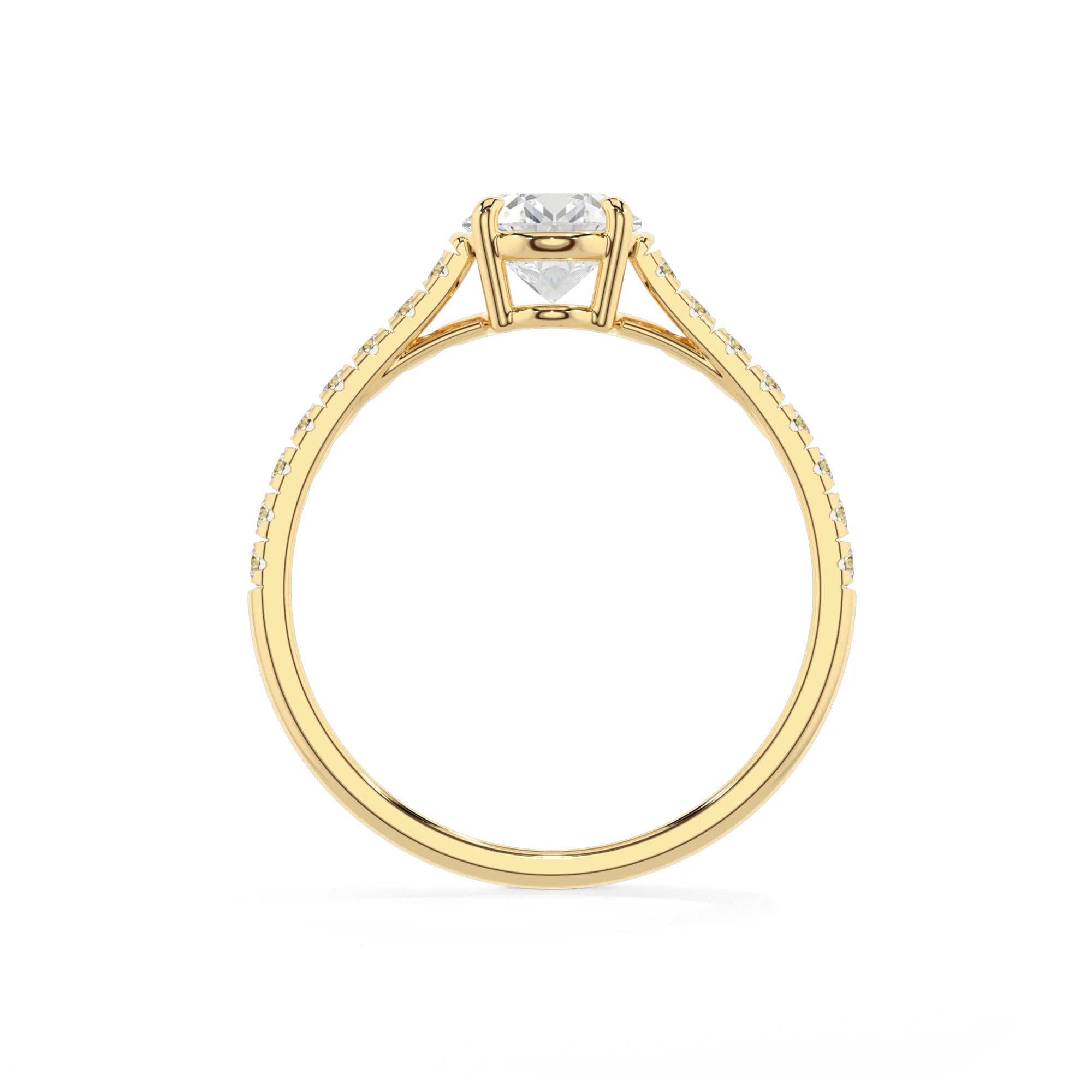 lab grown moissanite oval half eternity solitaire engagement rings in yellow gold 