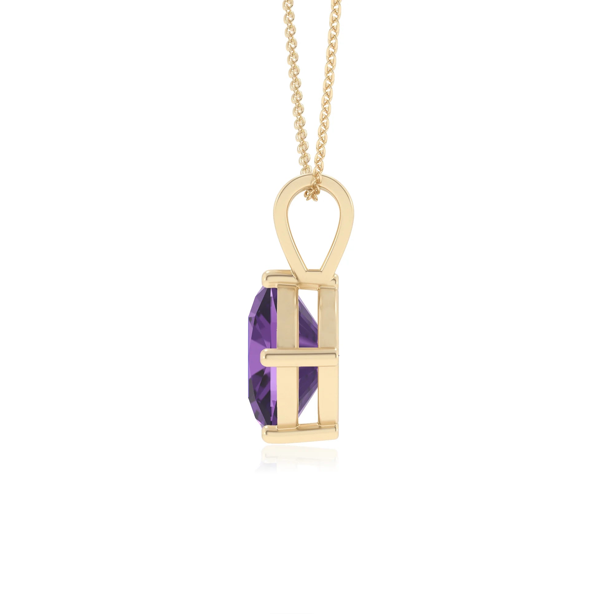 lab grown amethyst cushion solitaire v-bale necklaces in yellow gold 