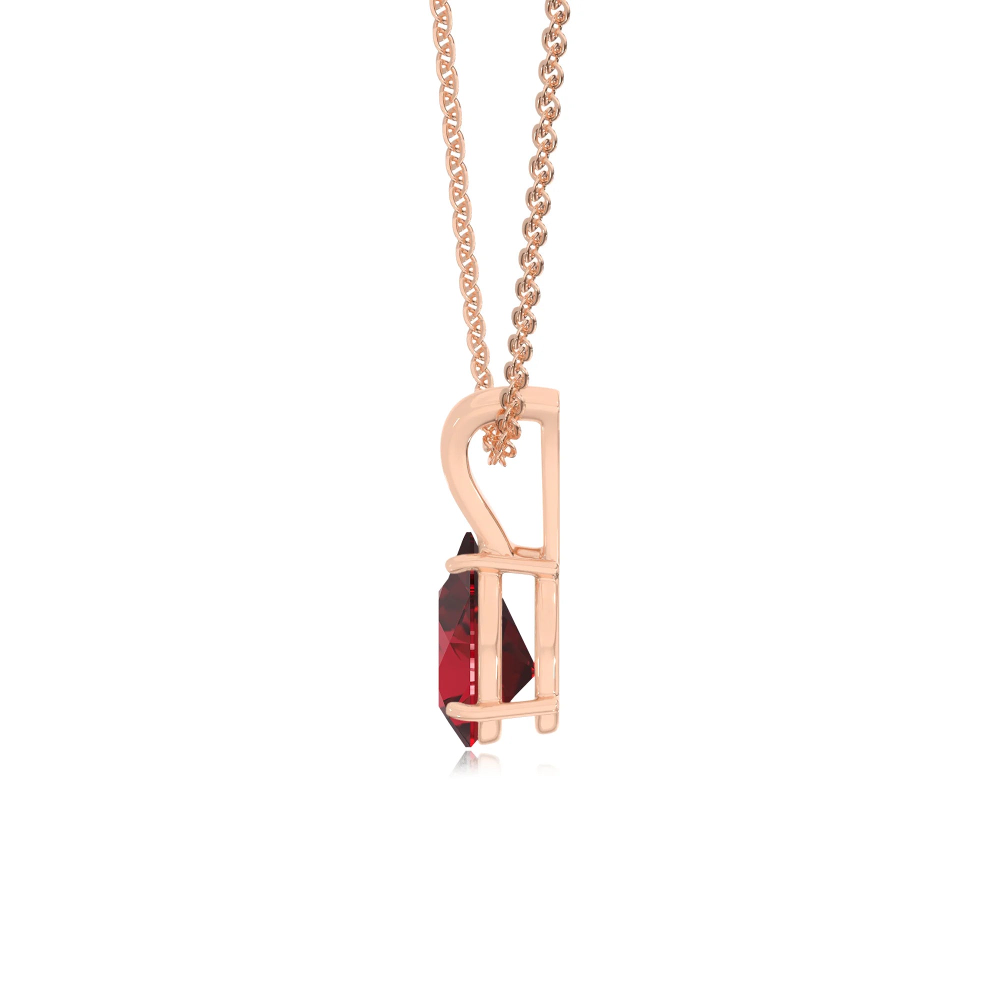 lab grown ruby pear solitaire v-bale necklaces in rose gold 