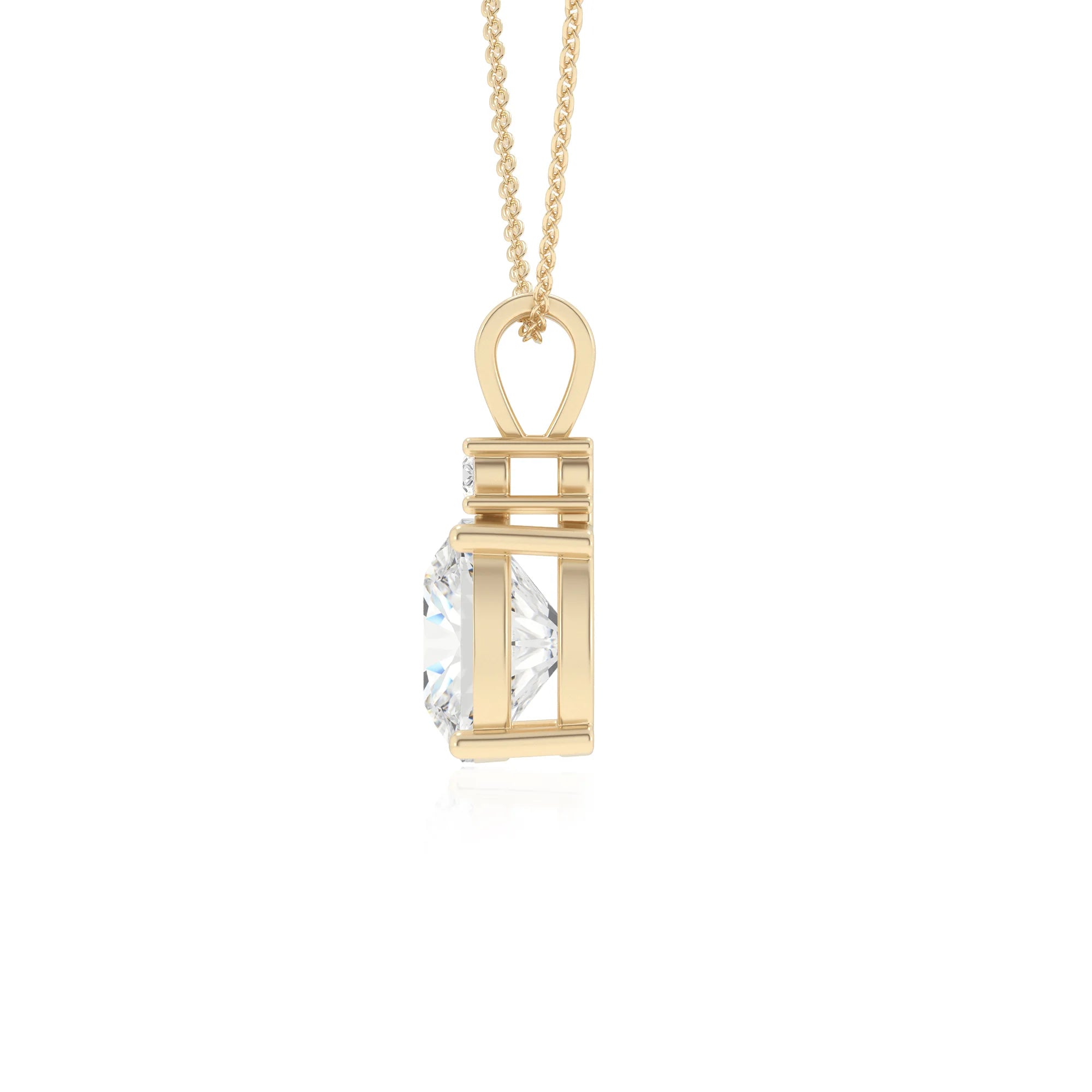 lab grown moissanite cushion solitaire v-bale necklaces in yellow gold 