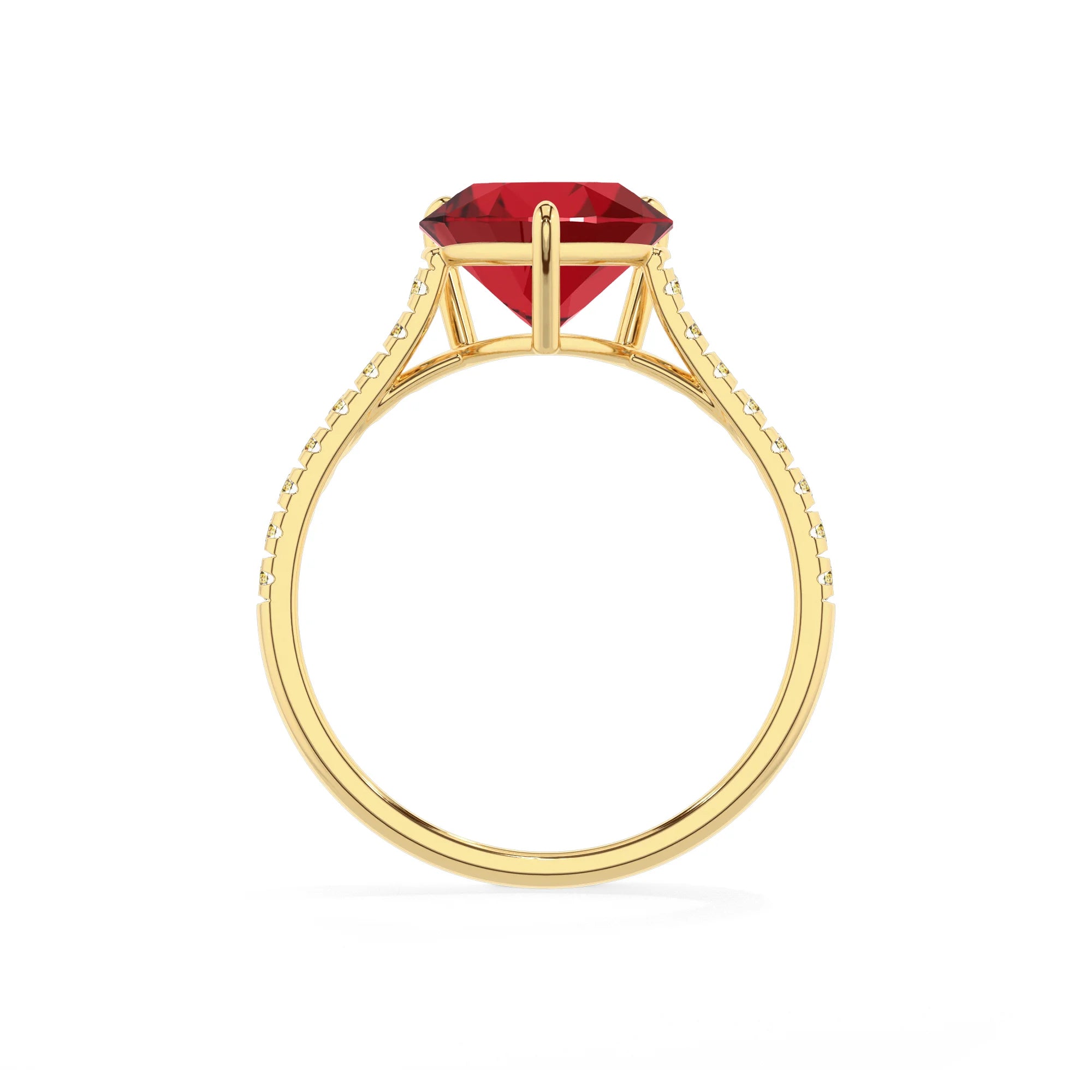 lab grown ruby heart half eternity solitaire engagement rings in yellow gold 