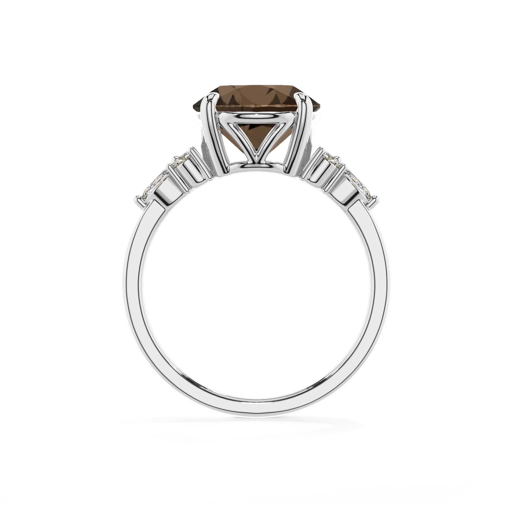natural smoky-quartz round solitaire rings in white gold 