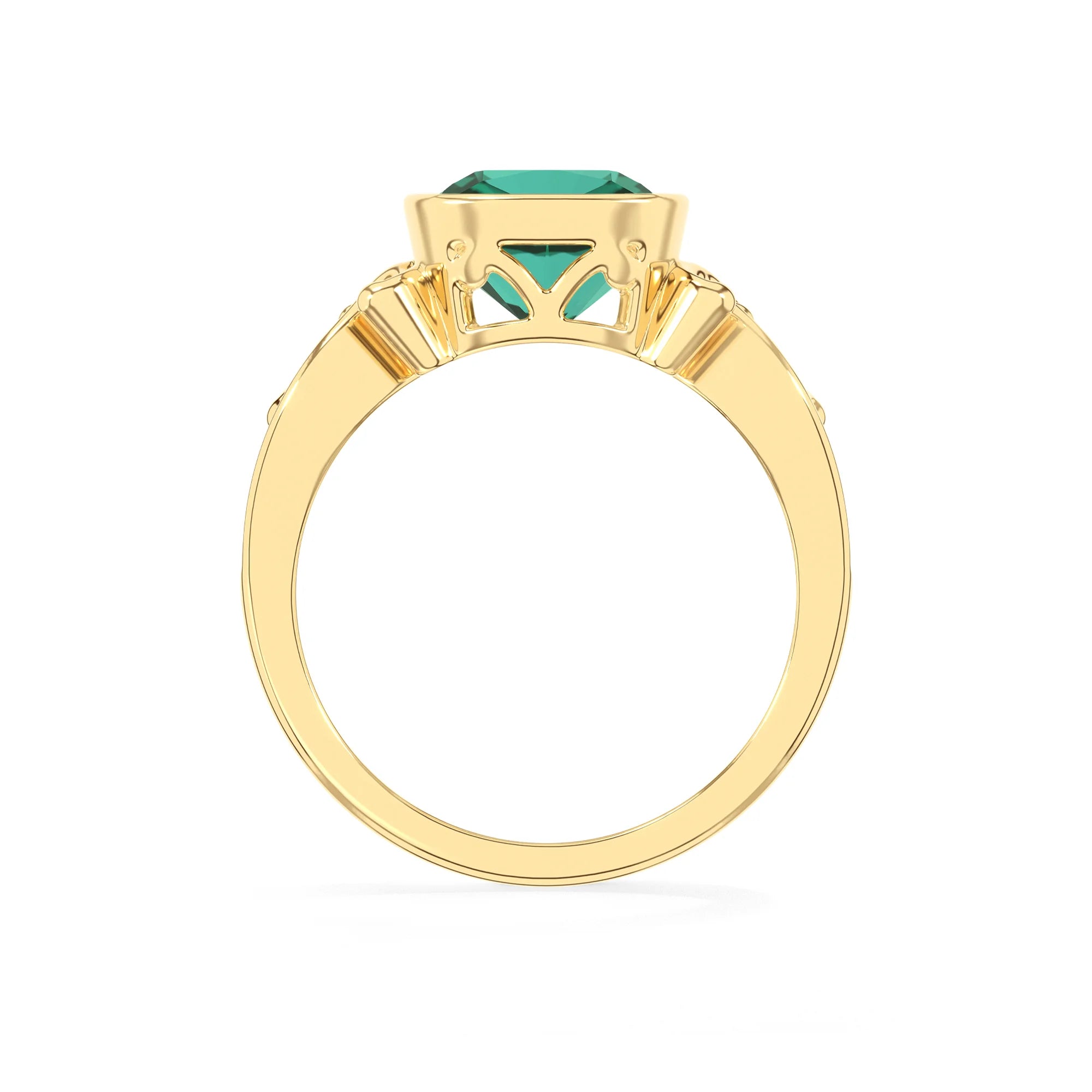 lab grown emerald cushion solitaire rings in yellow gold 