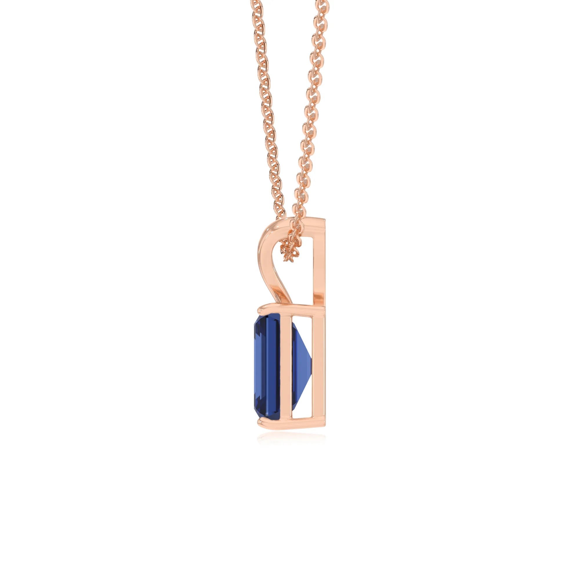 lab grown blue-sapphire emerald cut solitaire v-bale necklaces in rose gold 
