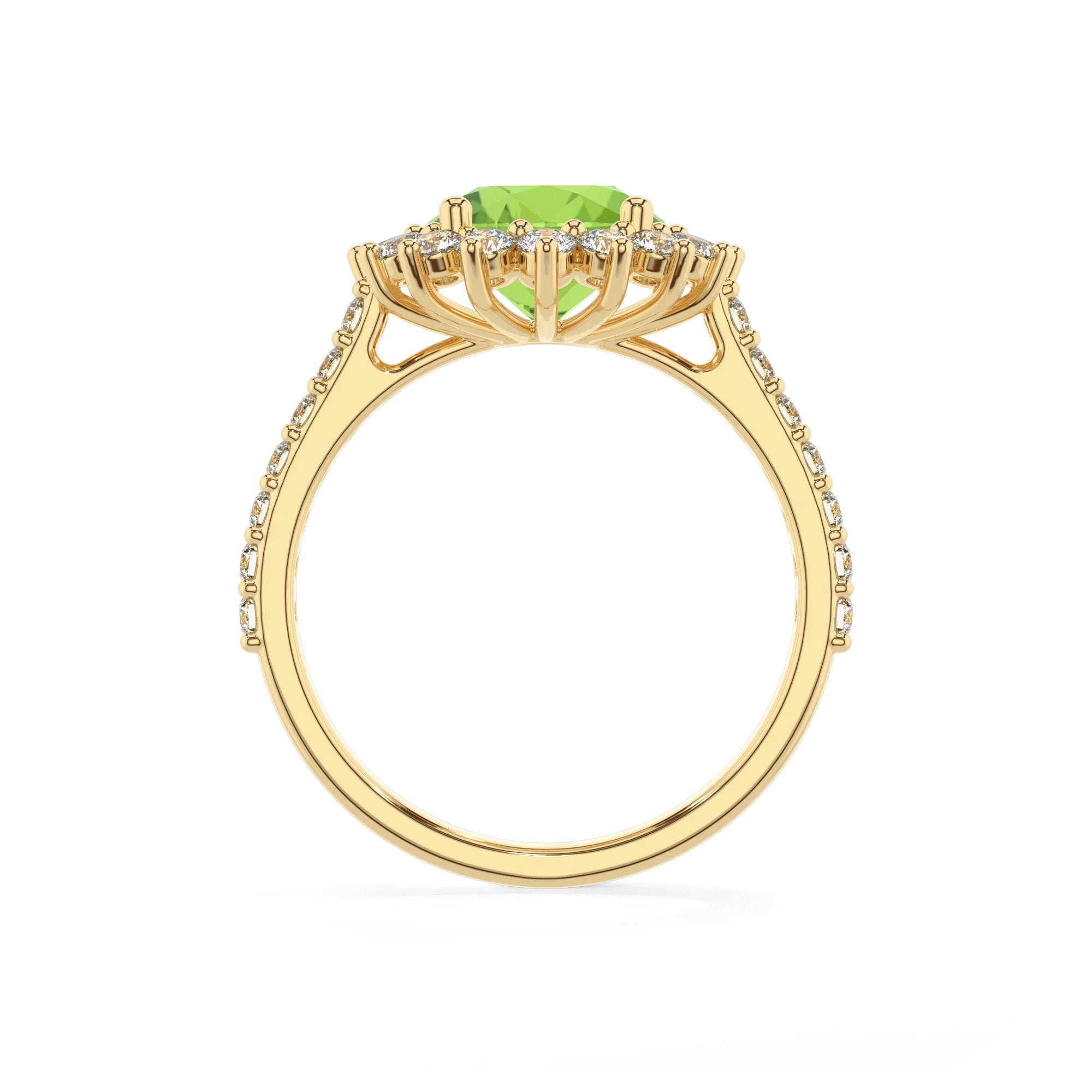 natural peridot round solitaire rings in yellow gold 