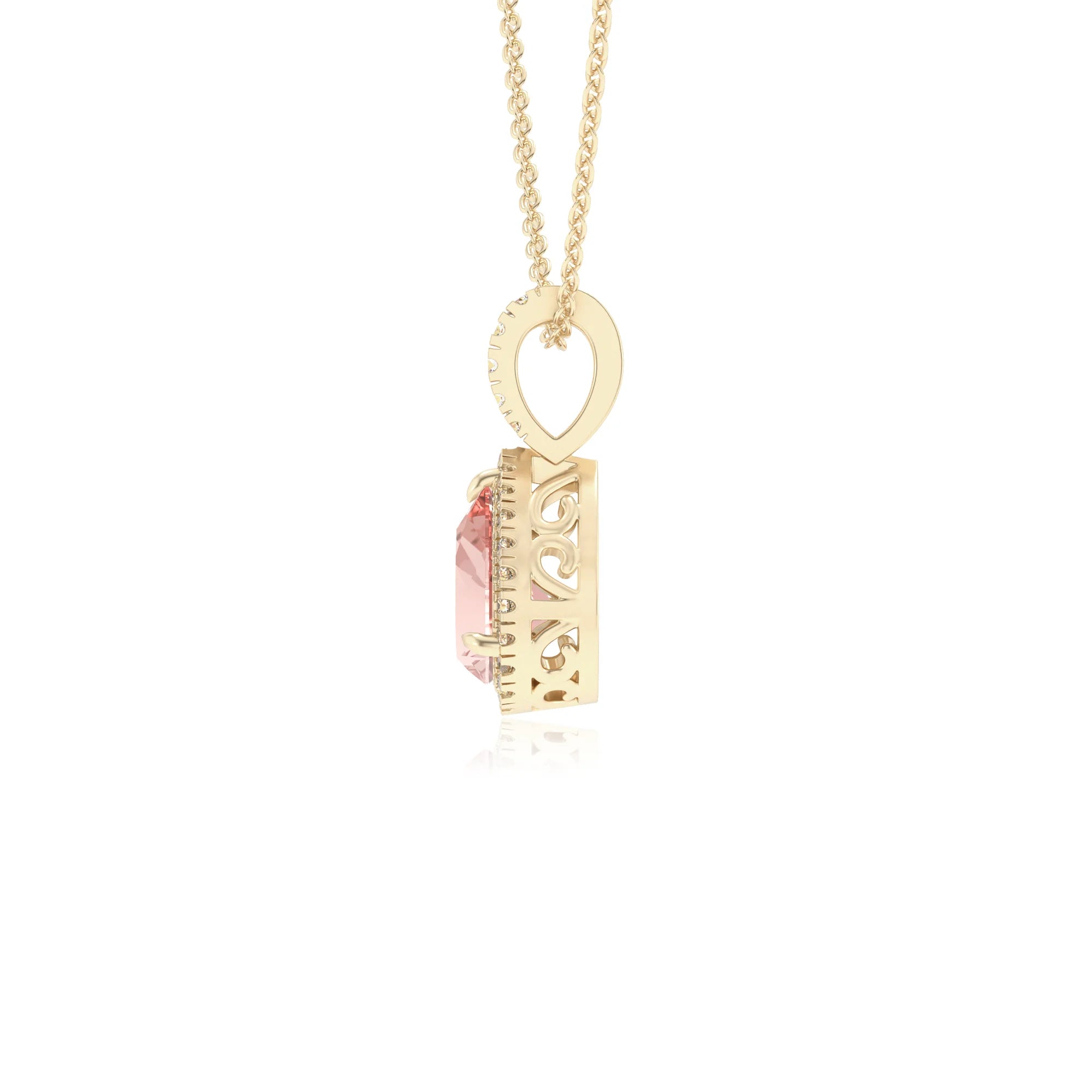 lab grown morganite pear solitaire necklaces in yellow gold 