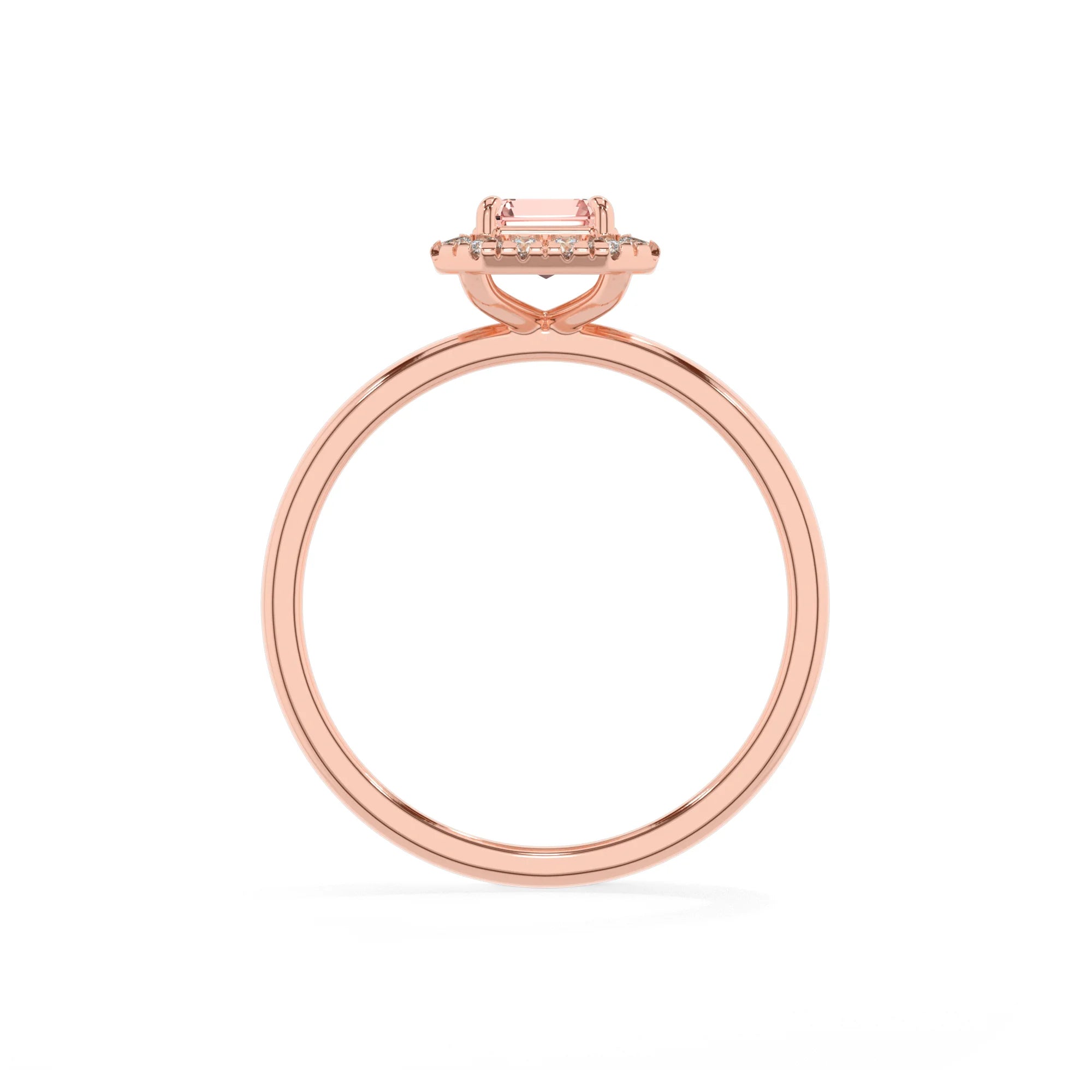 lab grown morganite emerald cut solitaire rings in rose gold 