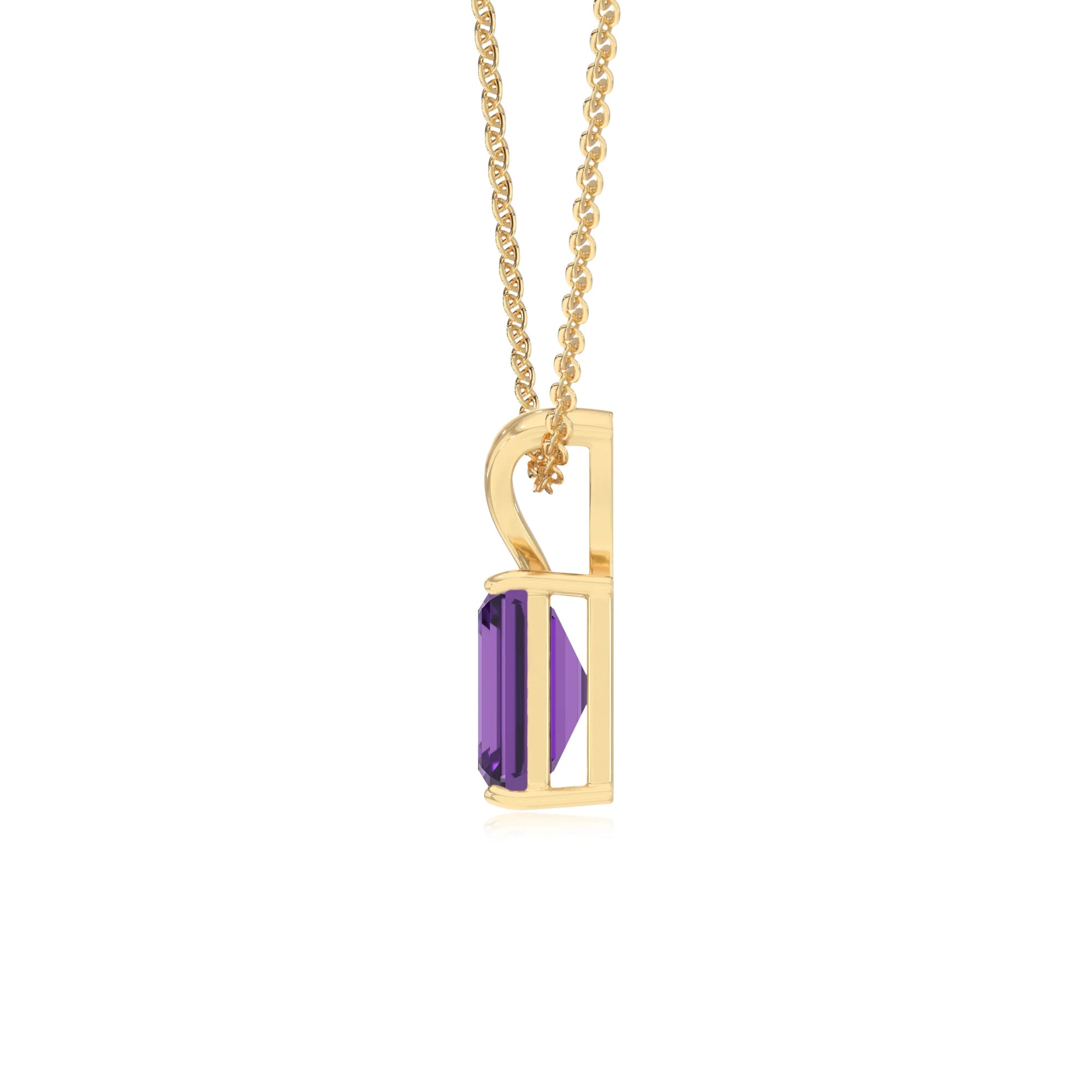 lab grown amethyst emerald cut solitaire v-bale necklaces in yellow gold 