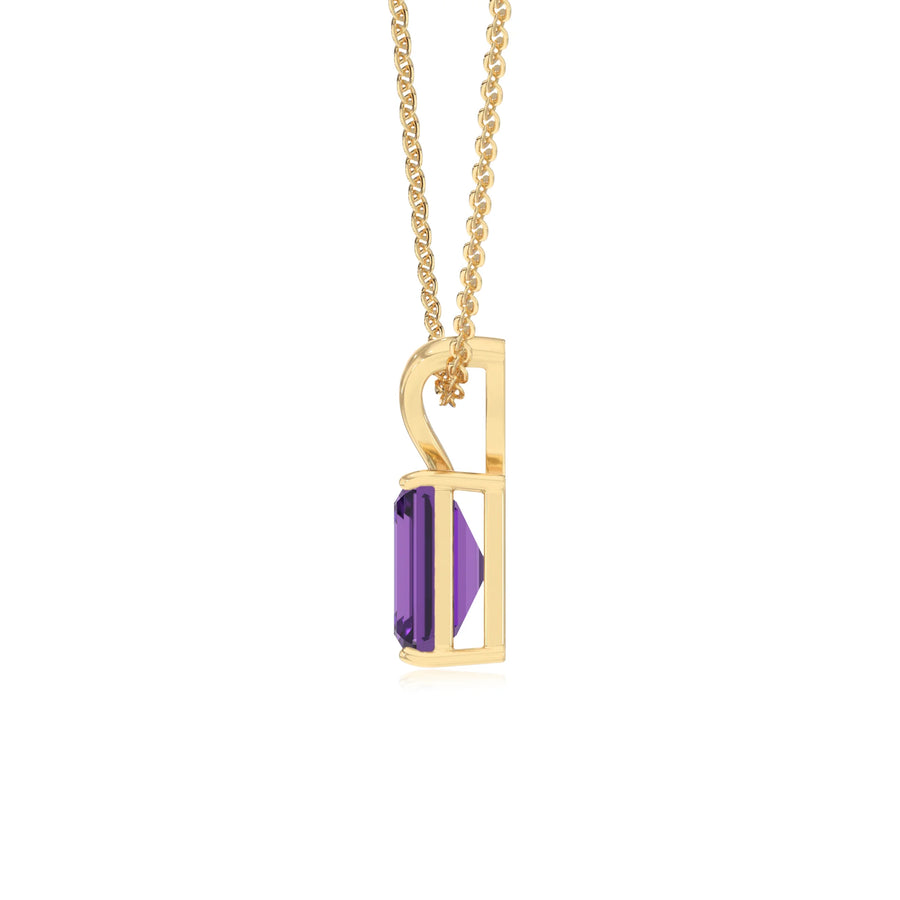 lab grown amethyst emerald cut solitaire v-bale necklaces in yellow gold 
