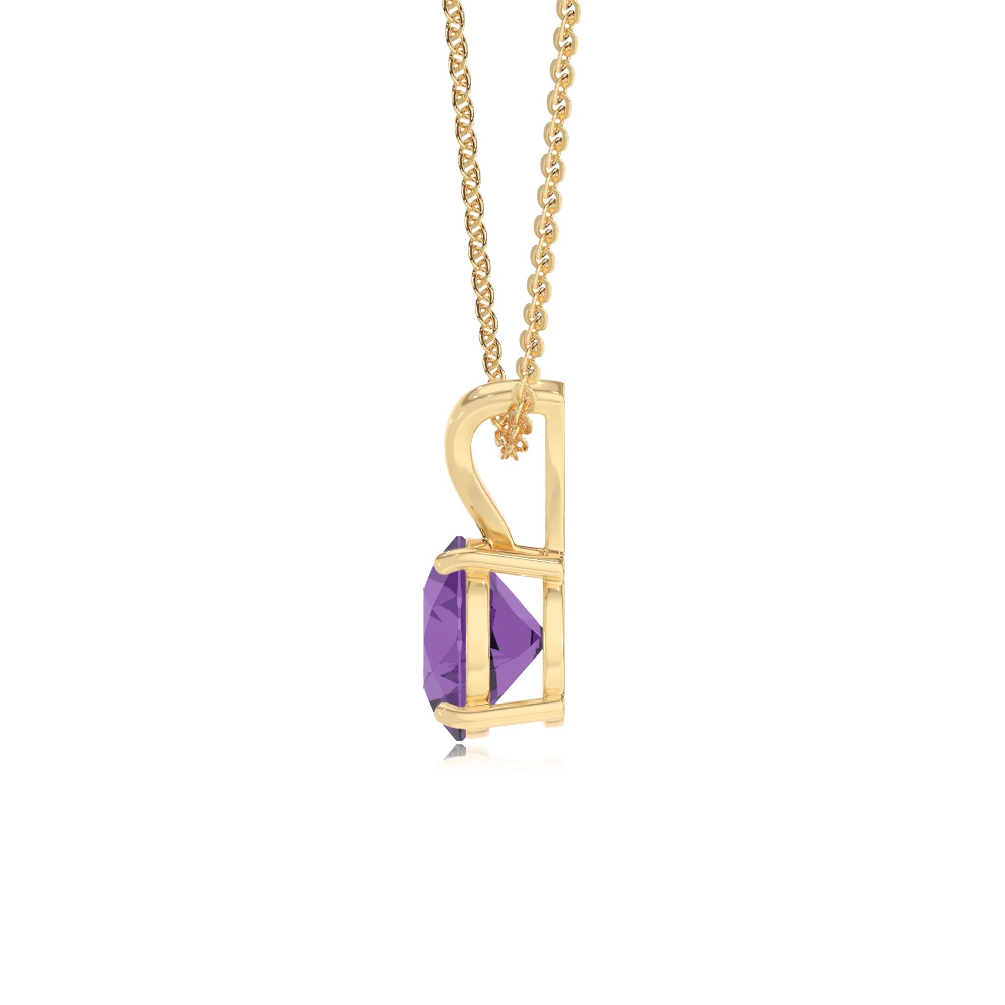 lab grown amethyst round solitaire v-bale necklaces in yellow gold 
