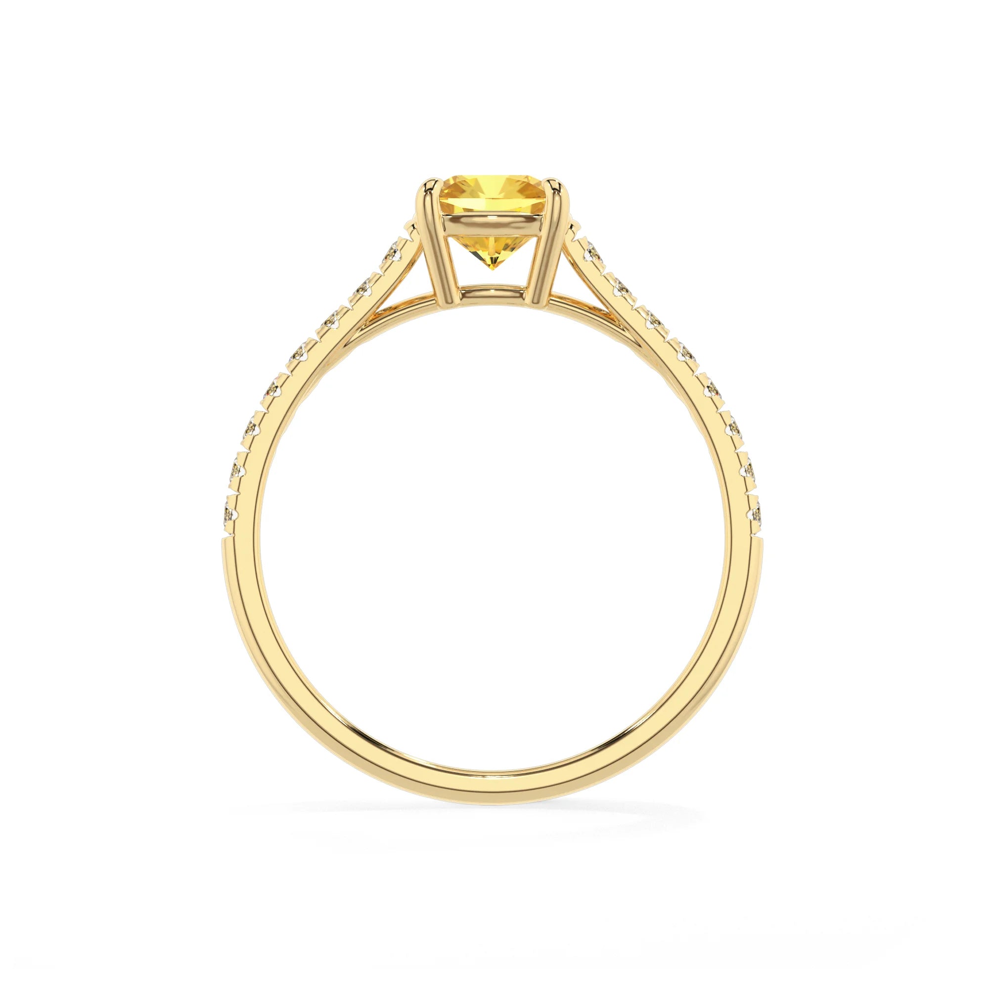 lab grown yellow-sapphire cushion half eternity solitaire engagement rings in yellow gold 
