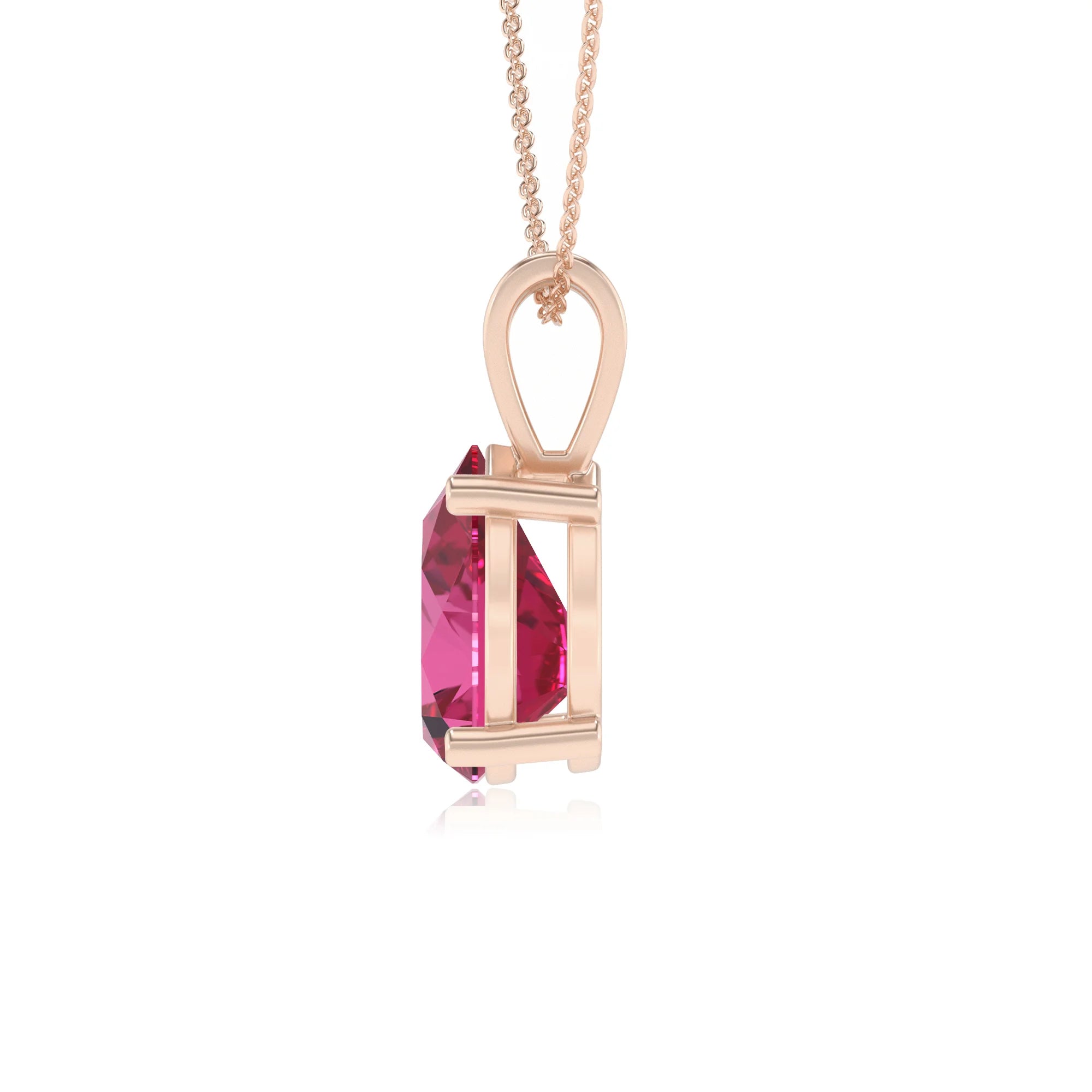lab grown pink-sapphire pear solitaire v-bale necklaces in rose gold 