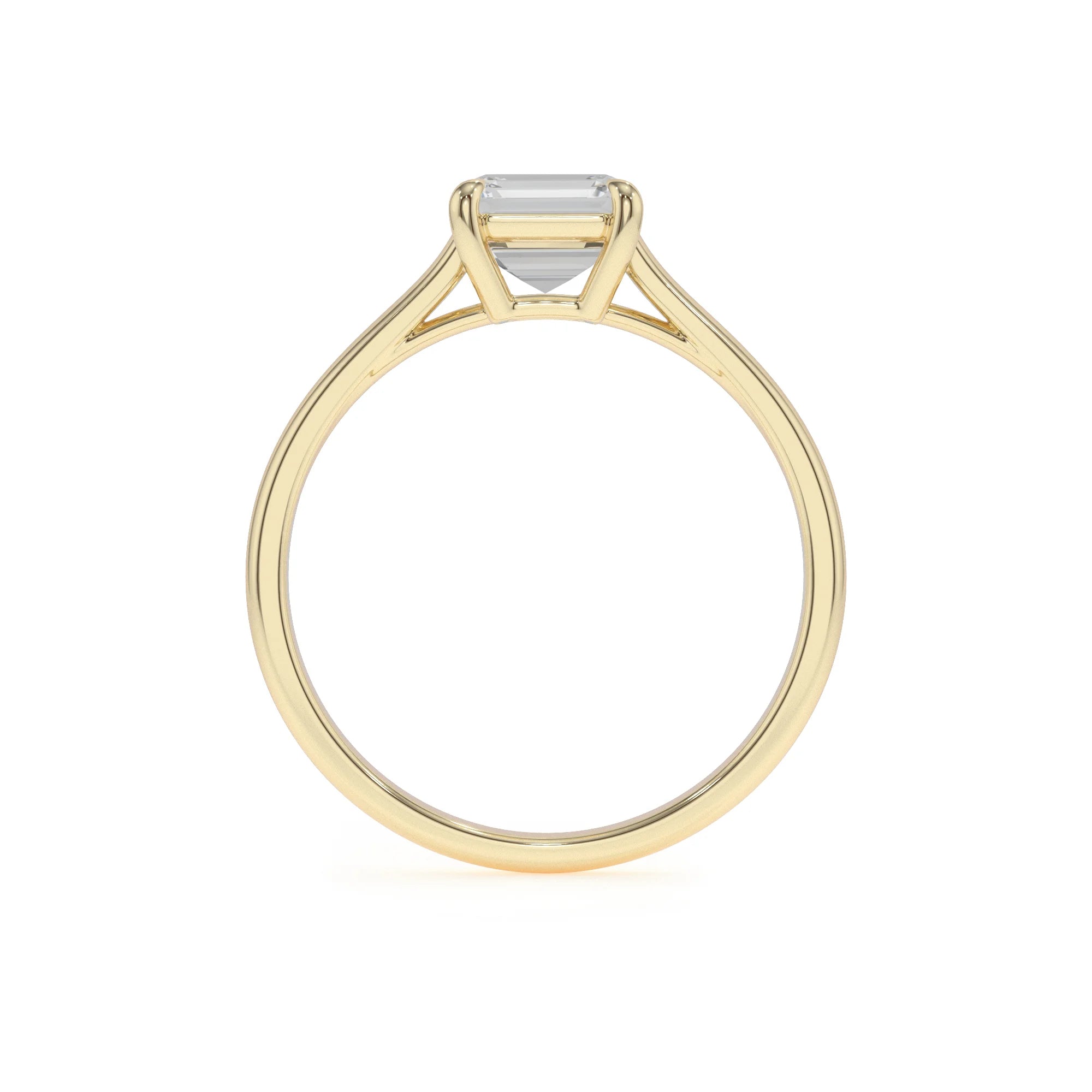 lab grown moissanite emerald cut solitaire rings in yellow gold 