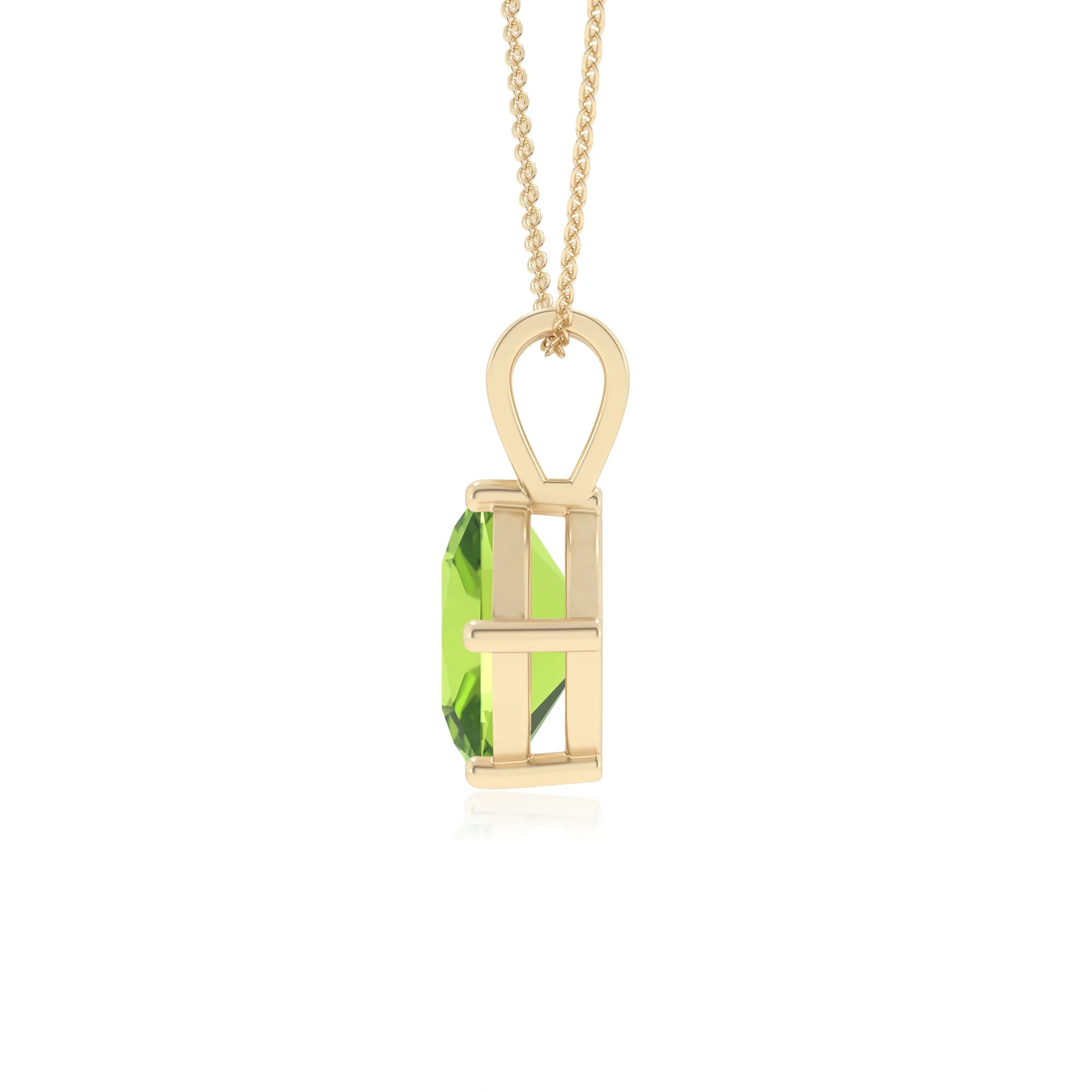 natural peridot cushion solitaire v-bale necklaces in yellow gold 