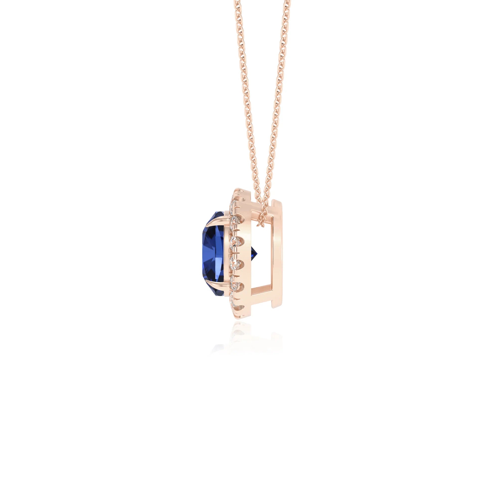 lab grown blue sapphire cushion solitaire necklaces in rose gold 