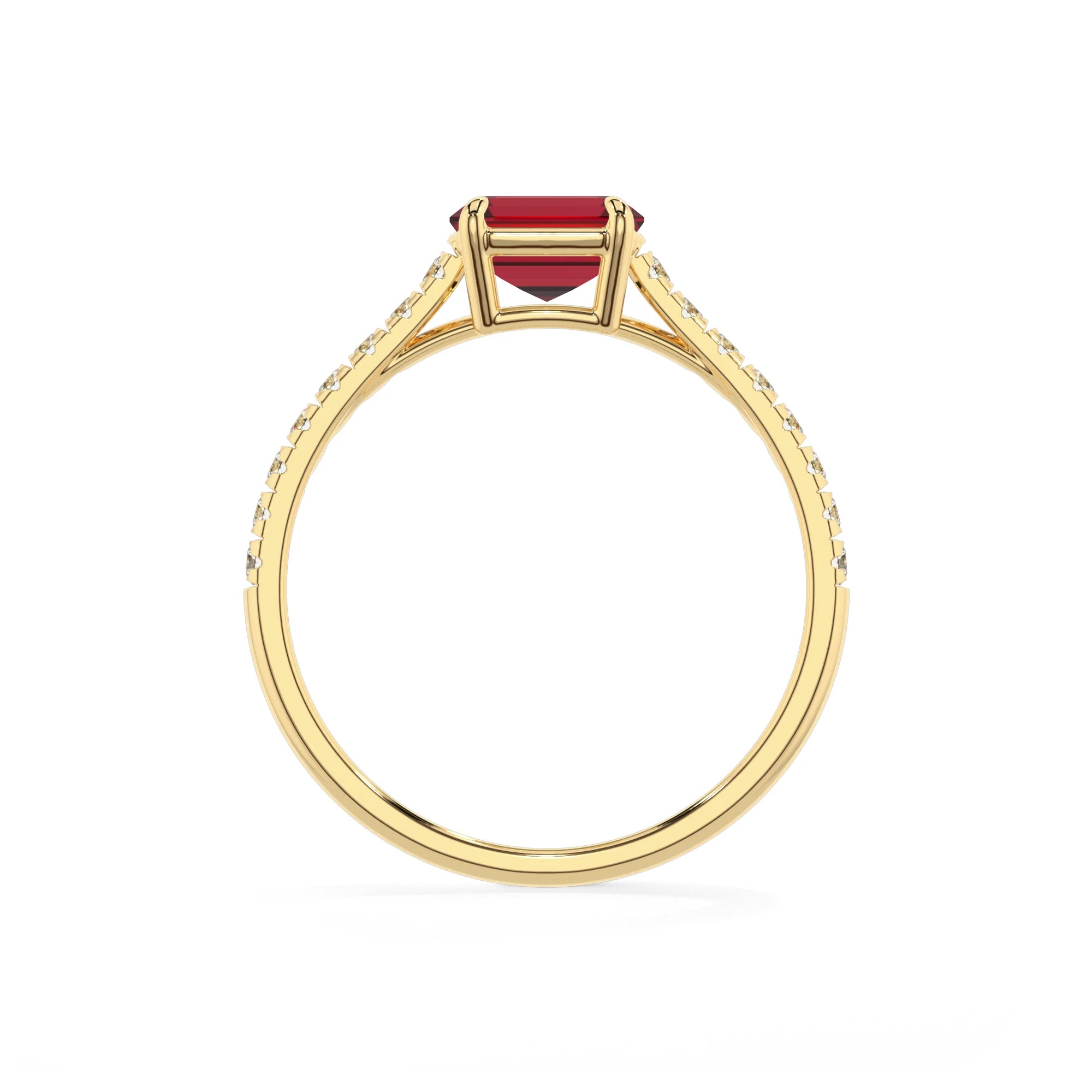 lab grown ruby emerald cut half eternity solitaire engagement rings in yellow gold 