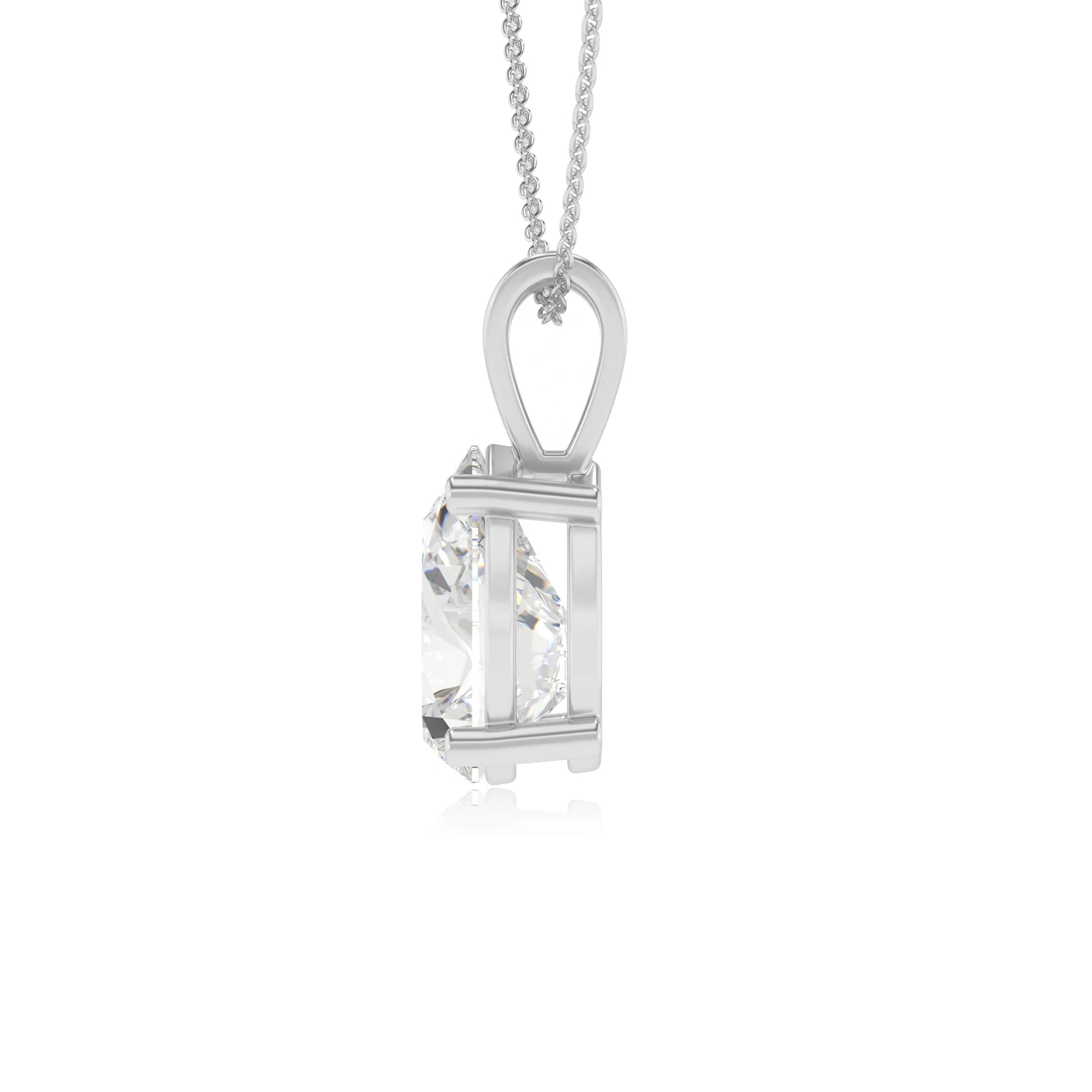 lab grown moissanite pear solitaire v-bale necklaces in platinum 