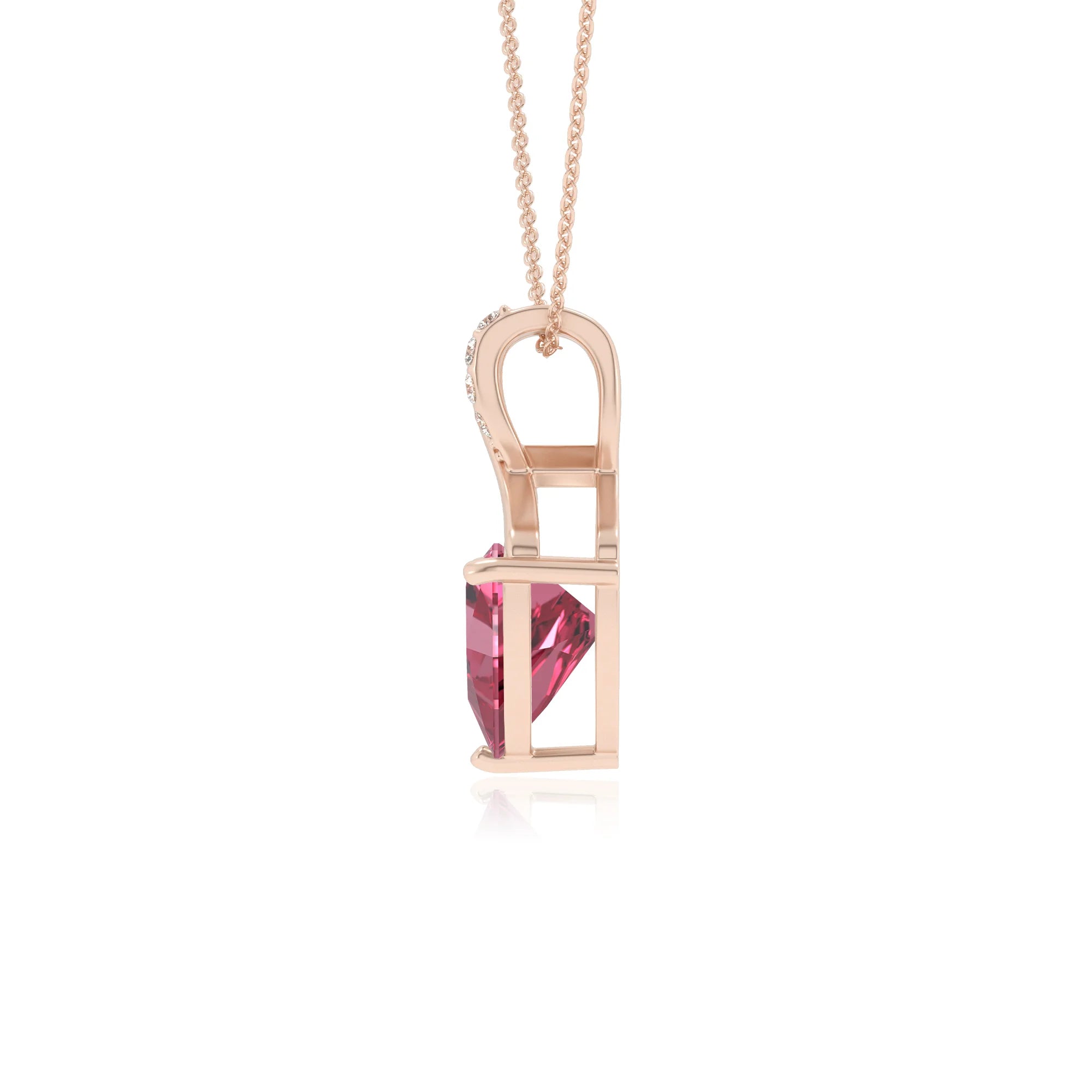 lab grown pink-tourmaline trillion solitaire necklaces in rose gold 