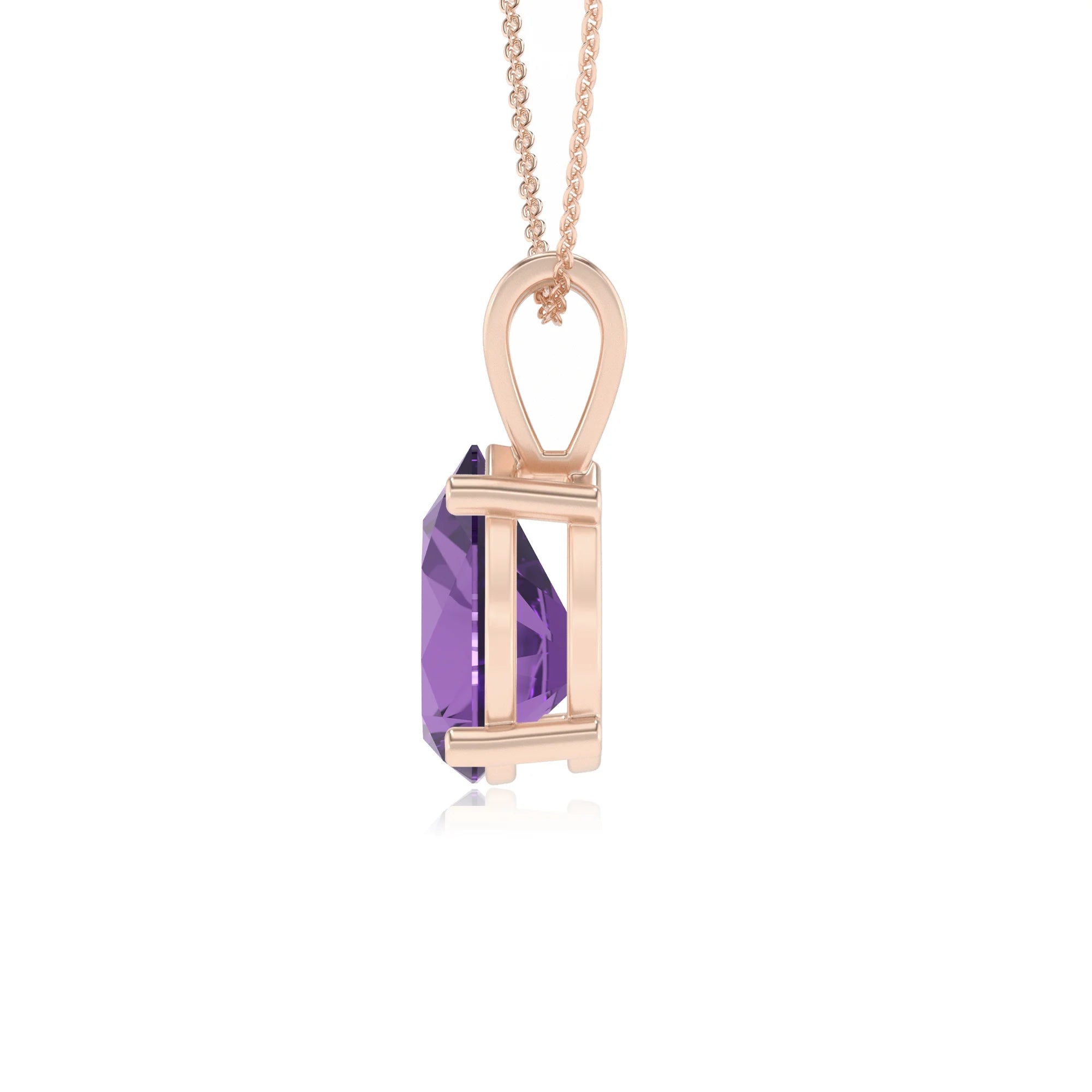 lab grown amethyst pear solitaire v-bale necklaces in rose gold 