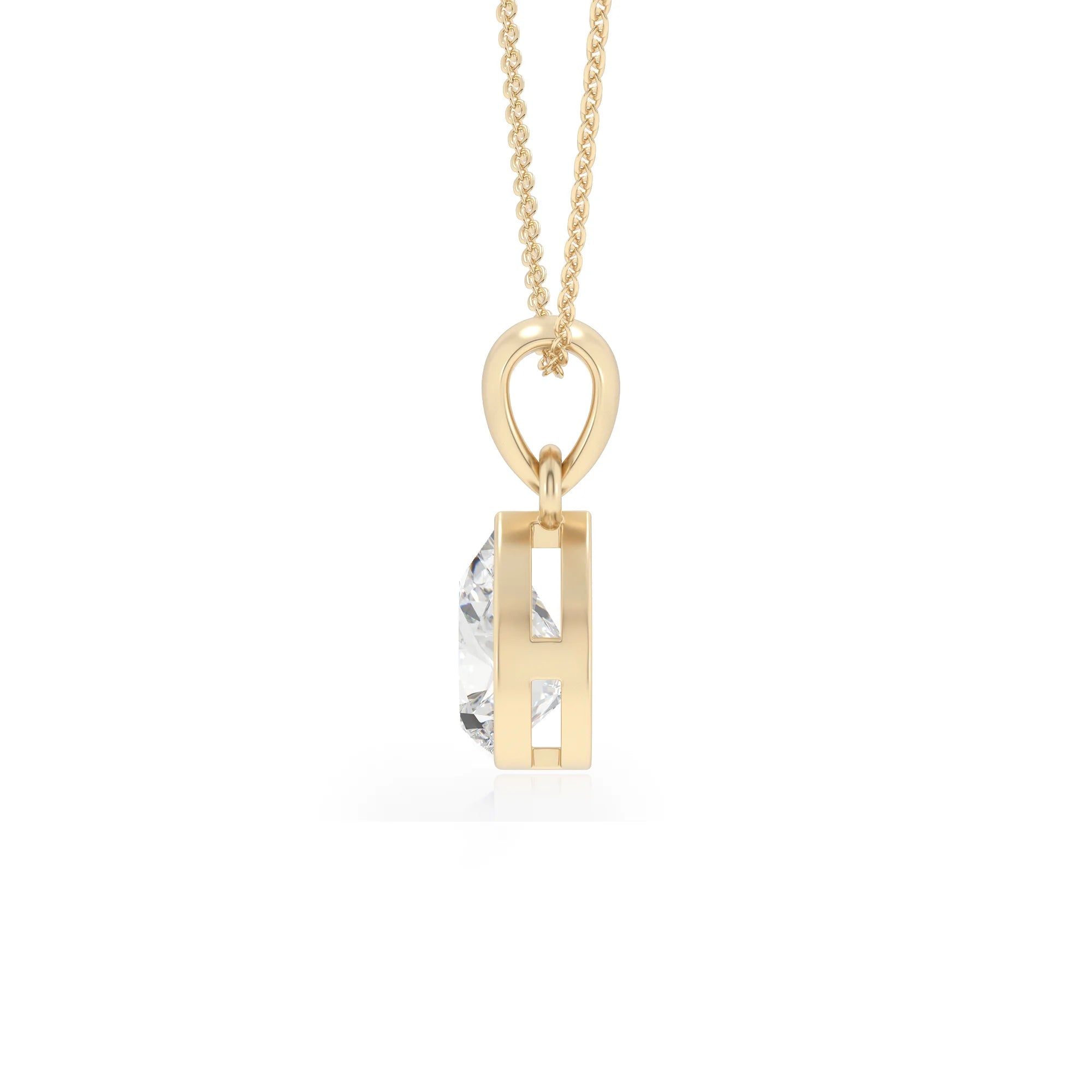 lab grown moissanite pear solitaire necklaces in yellow gold 