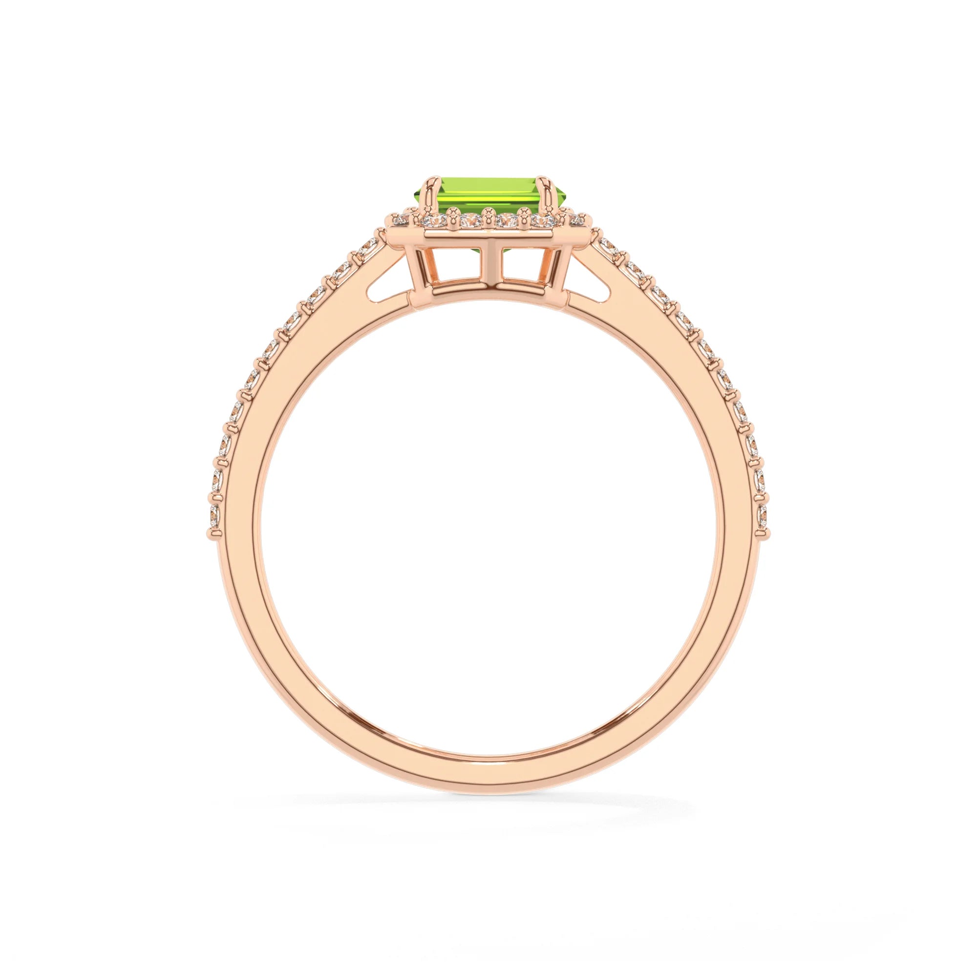 natural peridot emerald cut solitaire rings in rose gold 