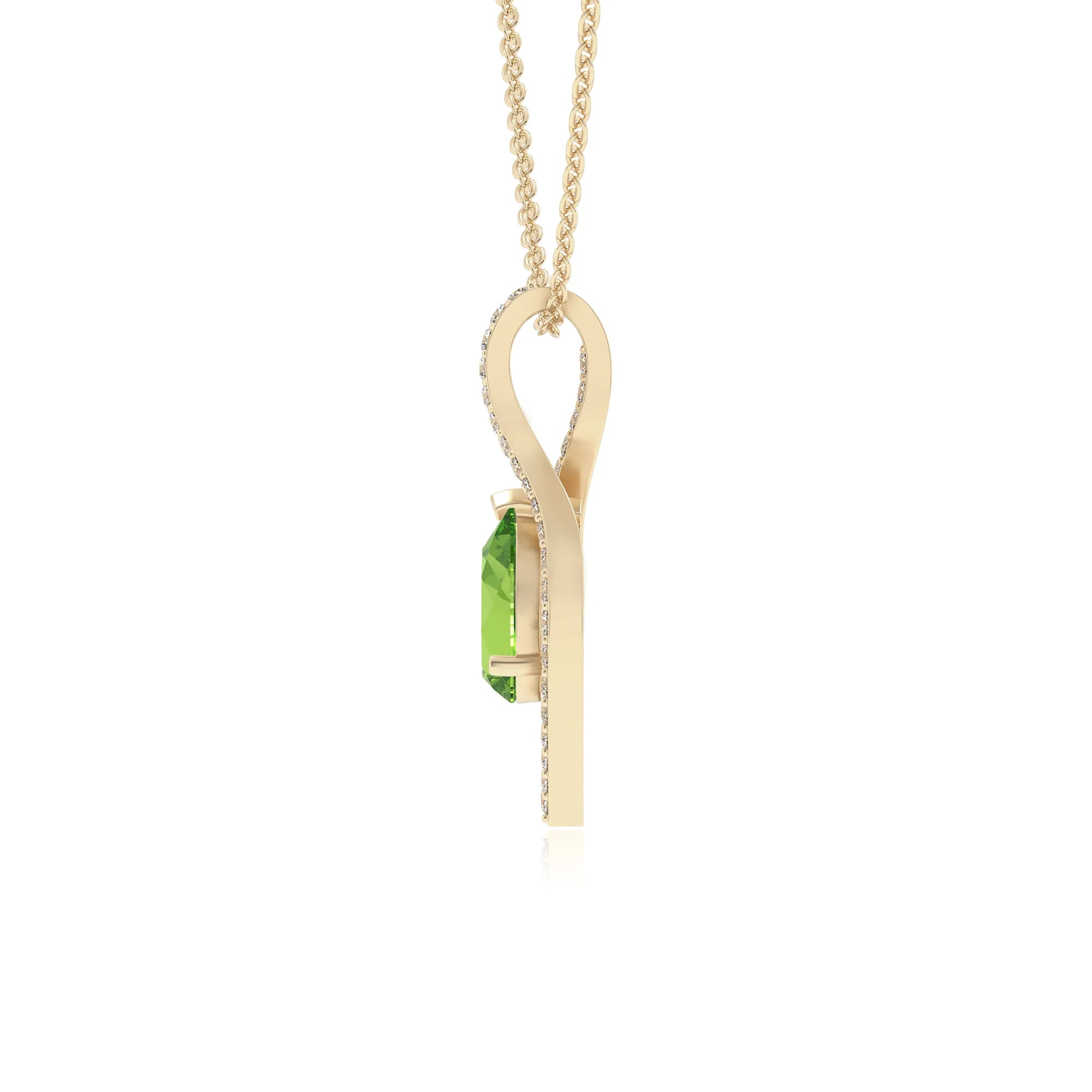natural peridot pear infinity necklaces in yellow gold 